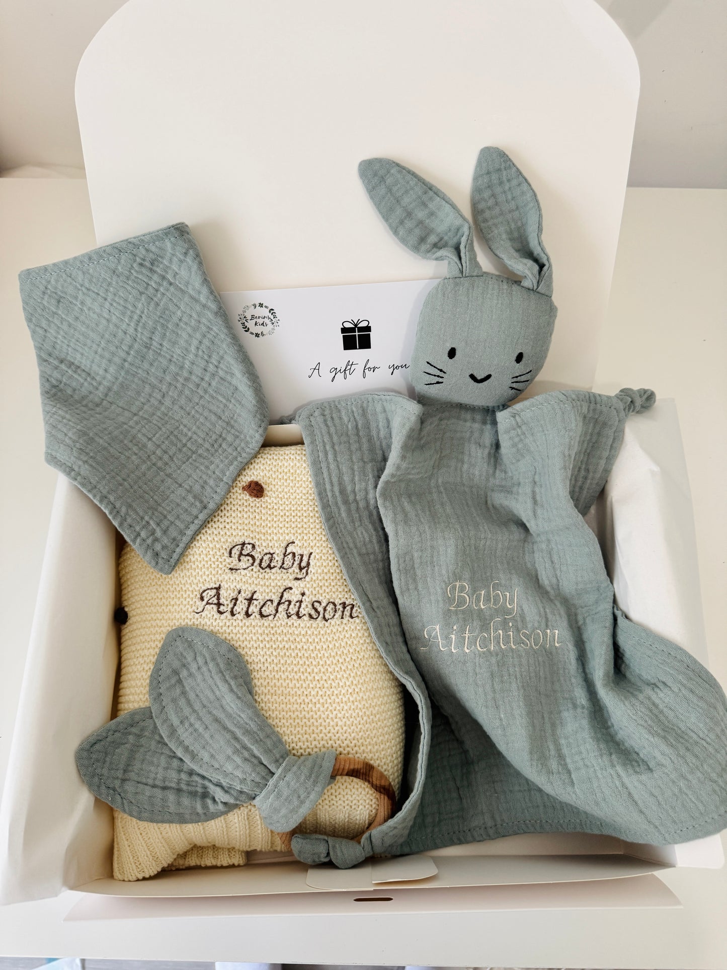 3-Pieces Set | Muslin PINK Bunny Comforter, Bib and Bunny Ear Teething Ring