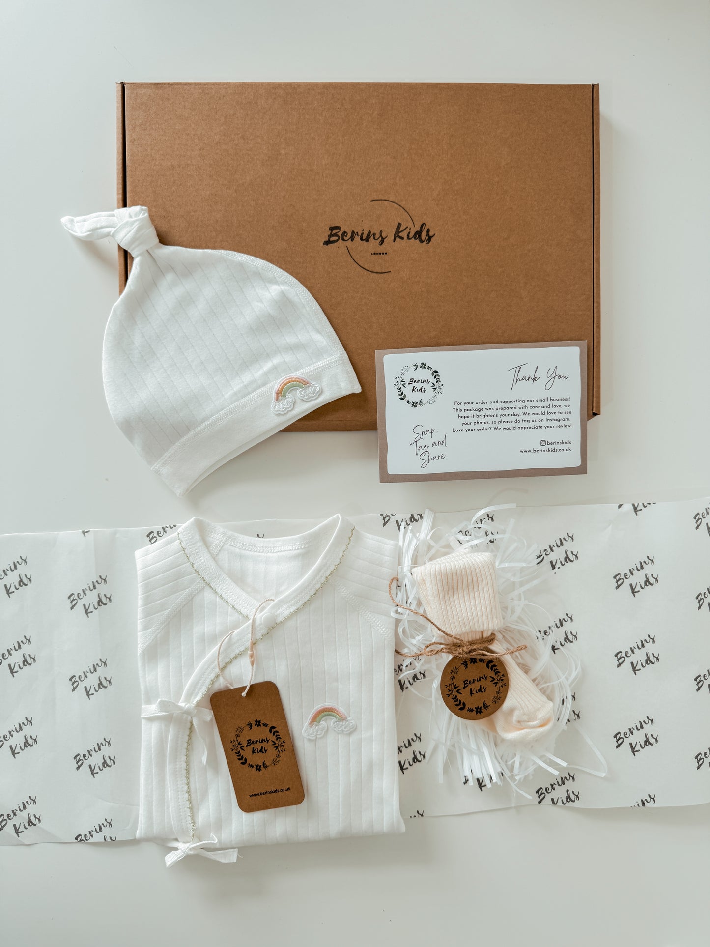 Newborn Rainbow Gift Set of 3| Milky White Cotton Romper, White Rainbow Beanie, Ecru Socks