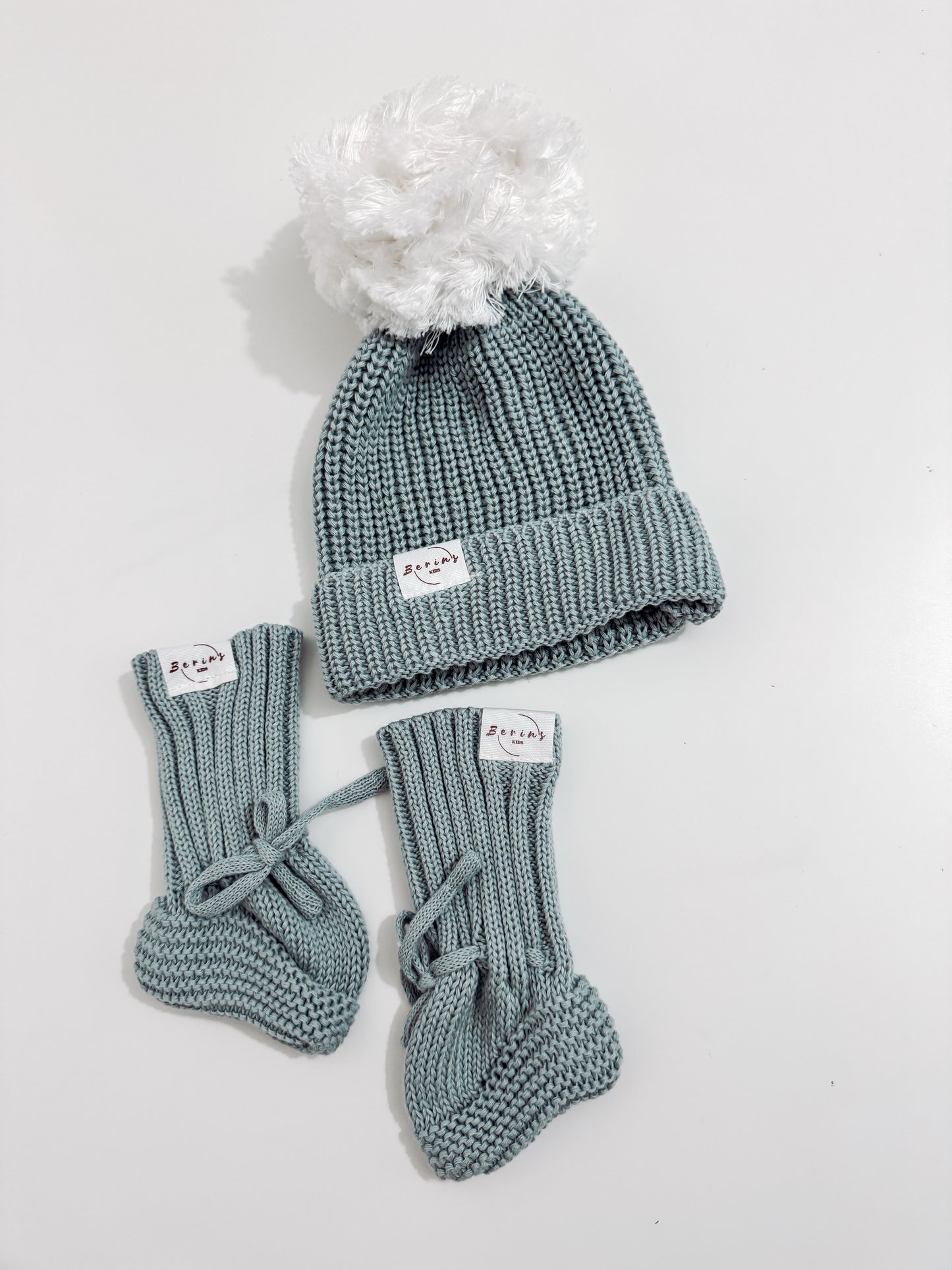 Newborn Baby Luxurious Knit Hat and Booties Set | Pink, White, Sage, Beige Socks, Pom Pom Beanie Hat