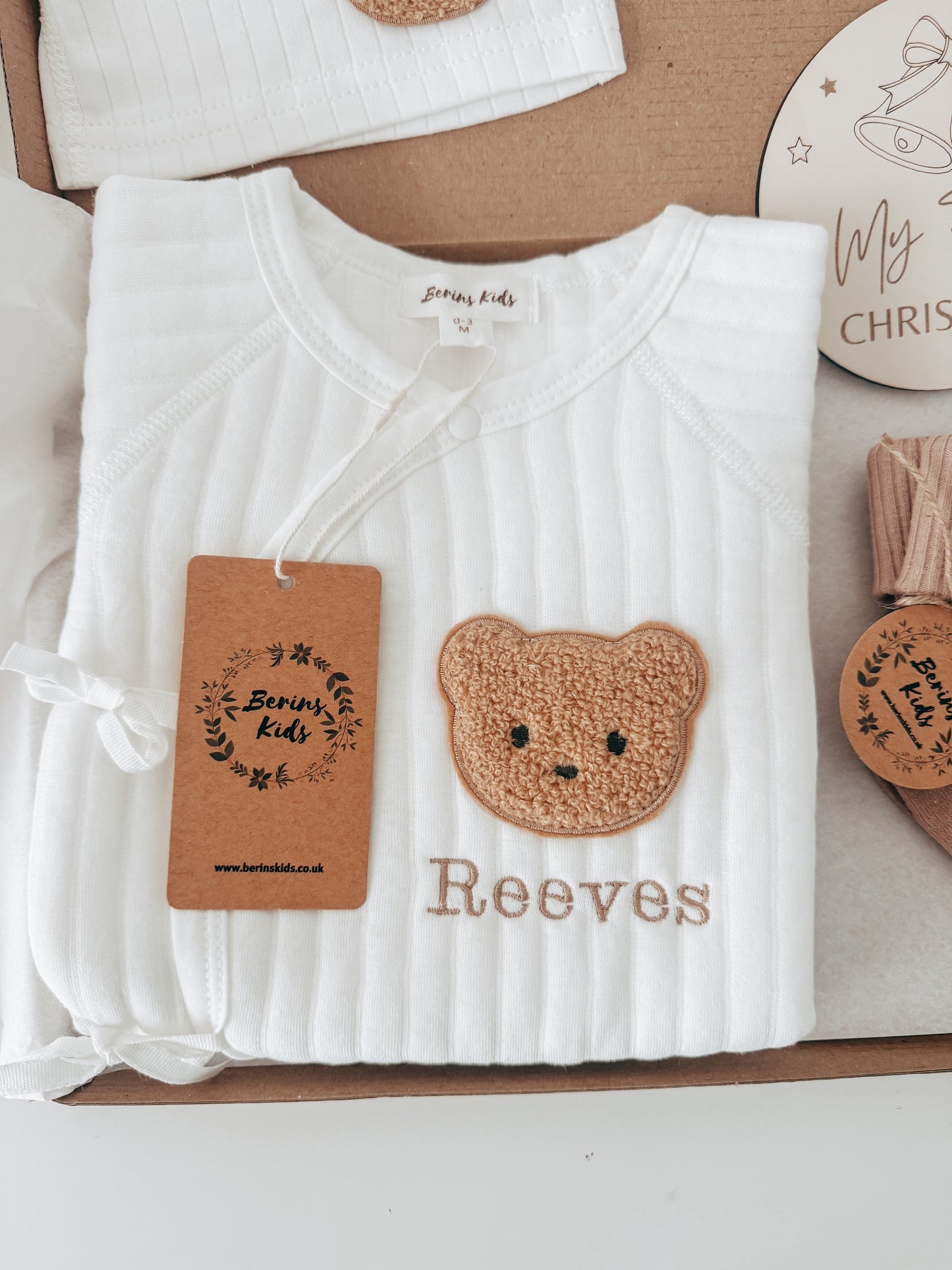 Newborn Bear Gift Set of 3| Milky White Cotton Romper, White Bear Hat, Beige Socks | Personalised Baby Gift