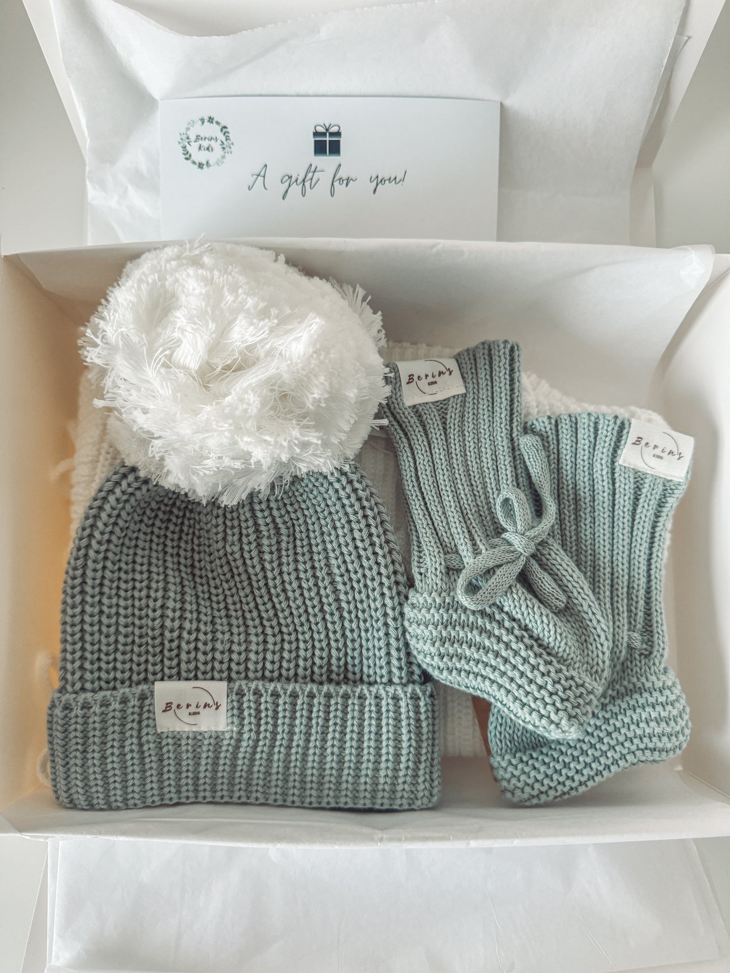 Sage- Unisex Baby 100%Cotton Luxury Knit Set of 3 | Personalised Romper, Pom Pom Hat, Booties
