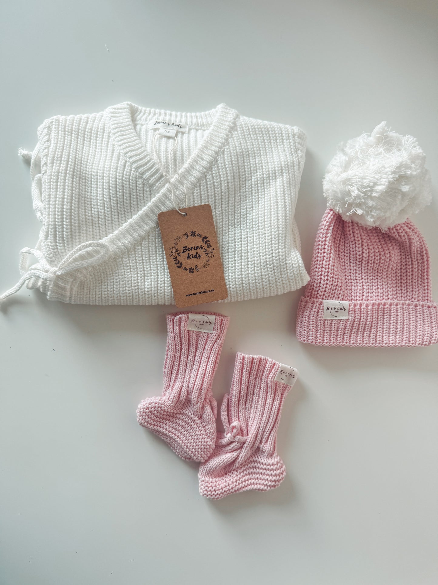 Pink Baby Gift Hamper 100%Cotton Luxury Knit Set of 3 | Personalised Romper, Pom Pom Hat, Booties