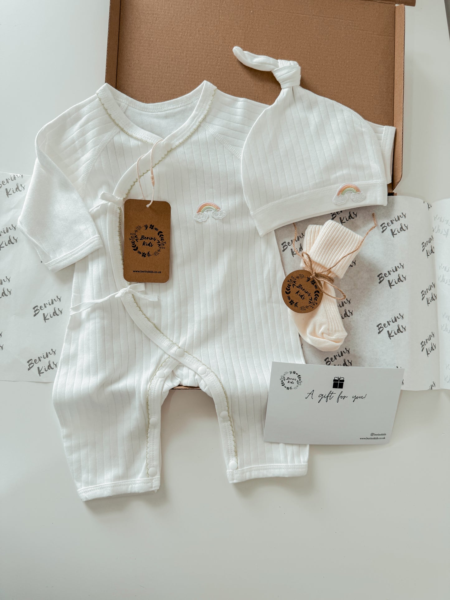Newborn Rainbow Gift Set of 3| Milky White Cotton Romper, White Rainbow Beanie, Ecru Socks