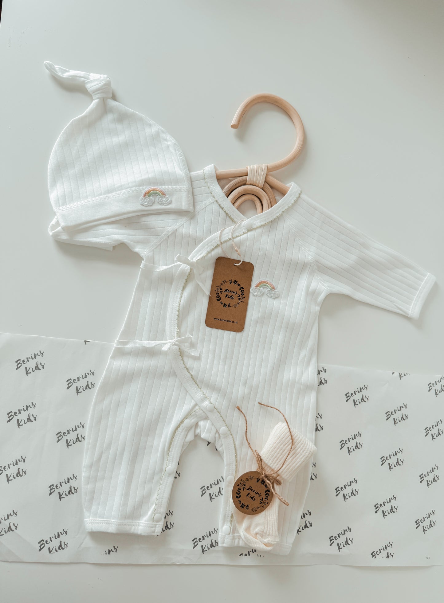 Newborn Rainbow Gift Set of 3| Milky White Cotton Romper, White Rainbow Beanie, Ecru Socks