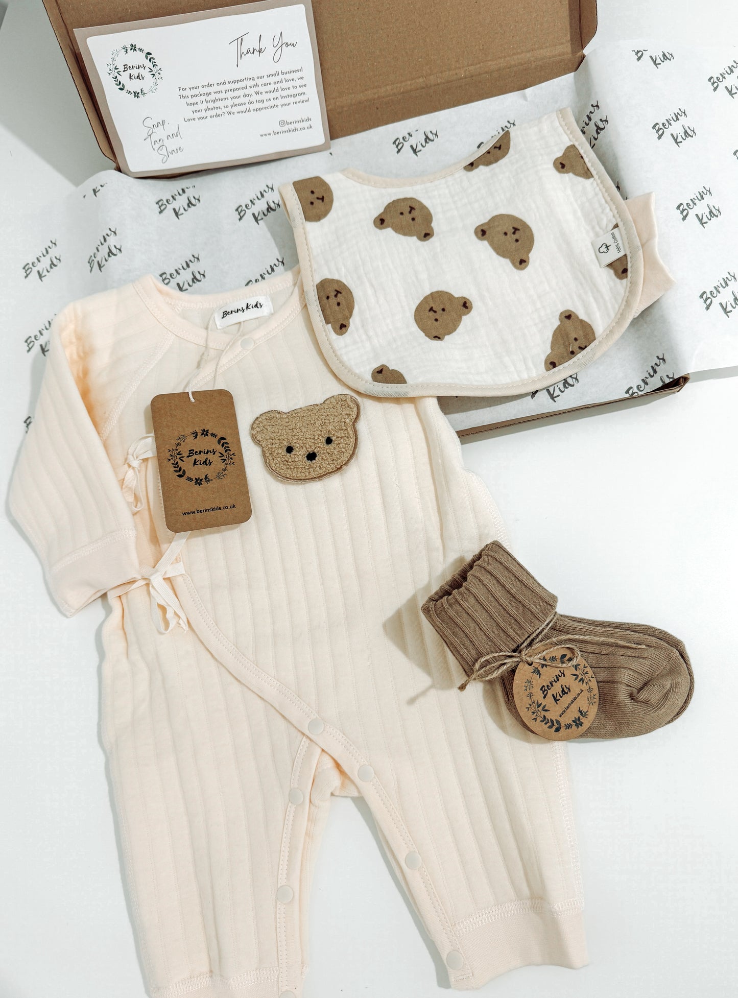 Newborn Bear Gift Set of 3|Personalised Cream Bear Cotton Romper, Bear Muslin Bib, Beige Socks
