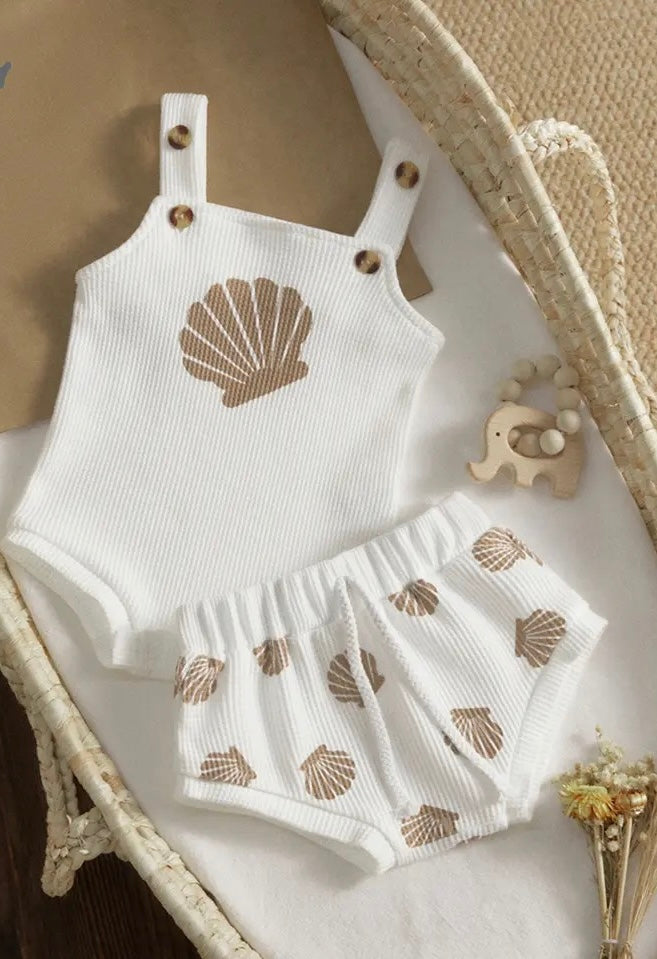 2Pcs Suit for Baby Toddler Boys/Girls Summer Outfit | Shell Print Strap Button Plaid Knitted Bodysuits+Shorts Outfits