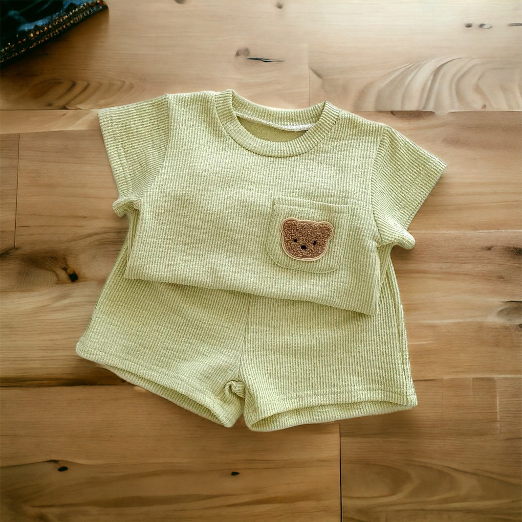 GREEN Bear Embroidered Cotton Short Sleeve+Shorts 2 Piece Suit for Baby Toddler Boys/Girls Summer Outfit
