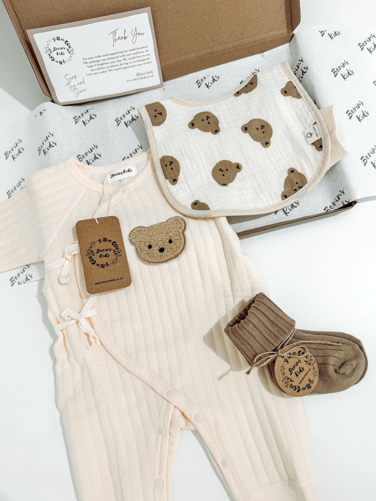 Newborn Bear Gift Set of 3|Personalised Cream Bear Cotton Romper, Bear Muslin Bib, Beige Socks