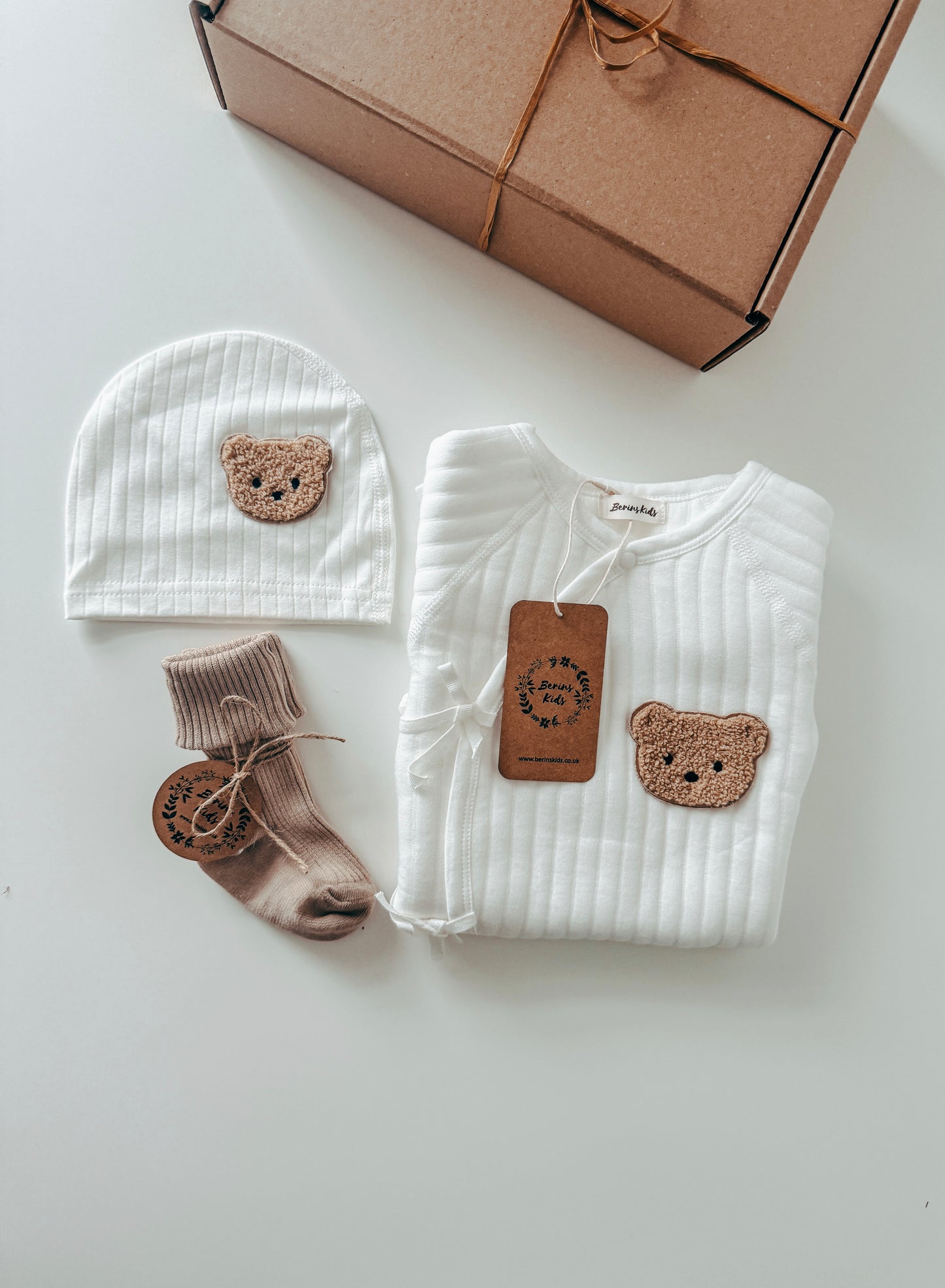 Newborn Bear Gift Set of 3| Milky White Cotton Romper, White Bear Hat, Beige Socks | Personalised Baby Gift