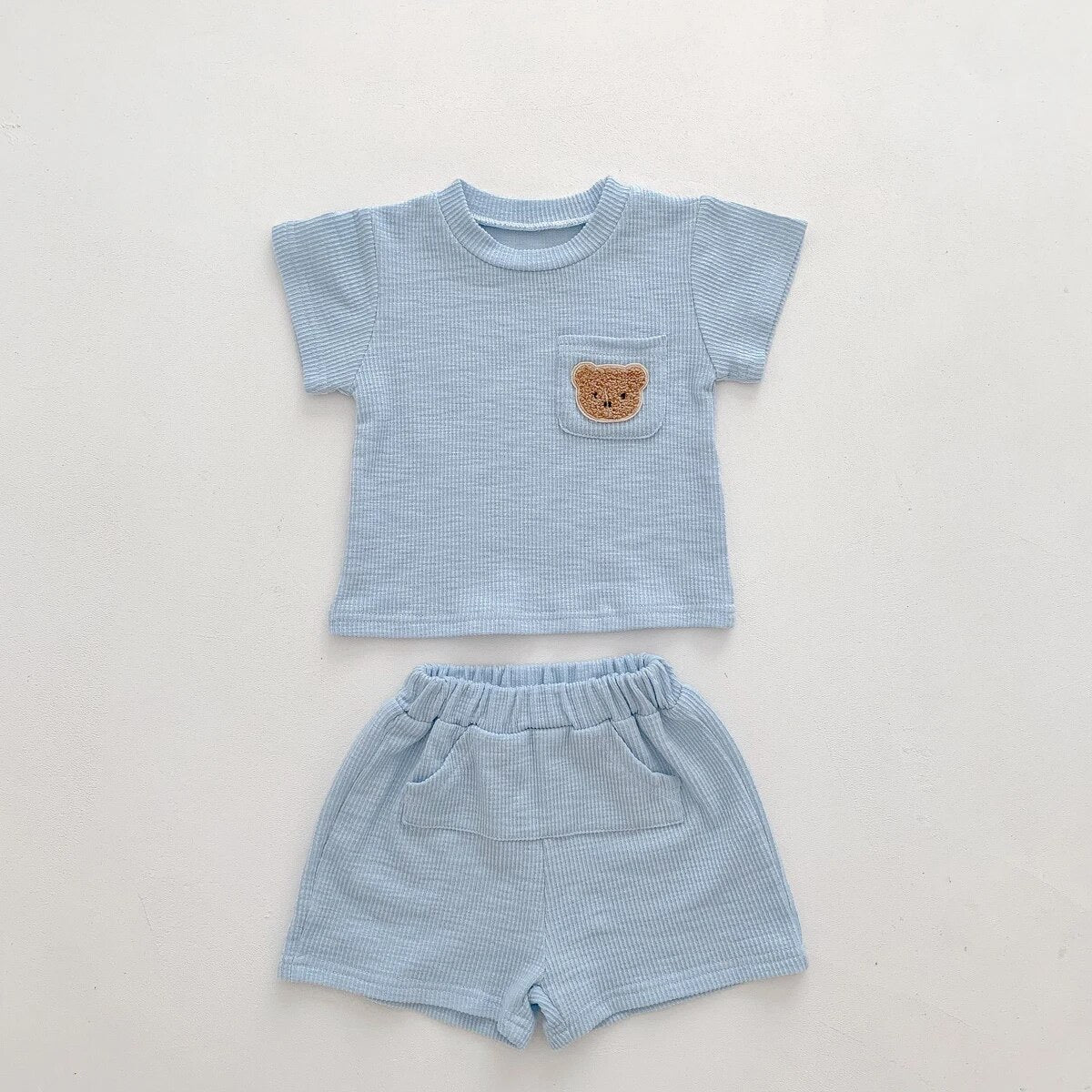 BLUE Bear Embroidered Cotton Short Sleeve+Shorts 2 Piece Suit for Baby Toddler Boys/Girls Summer Outfit