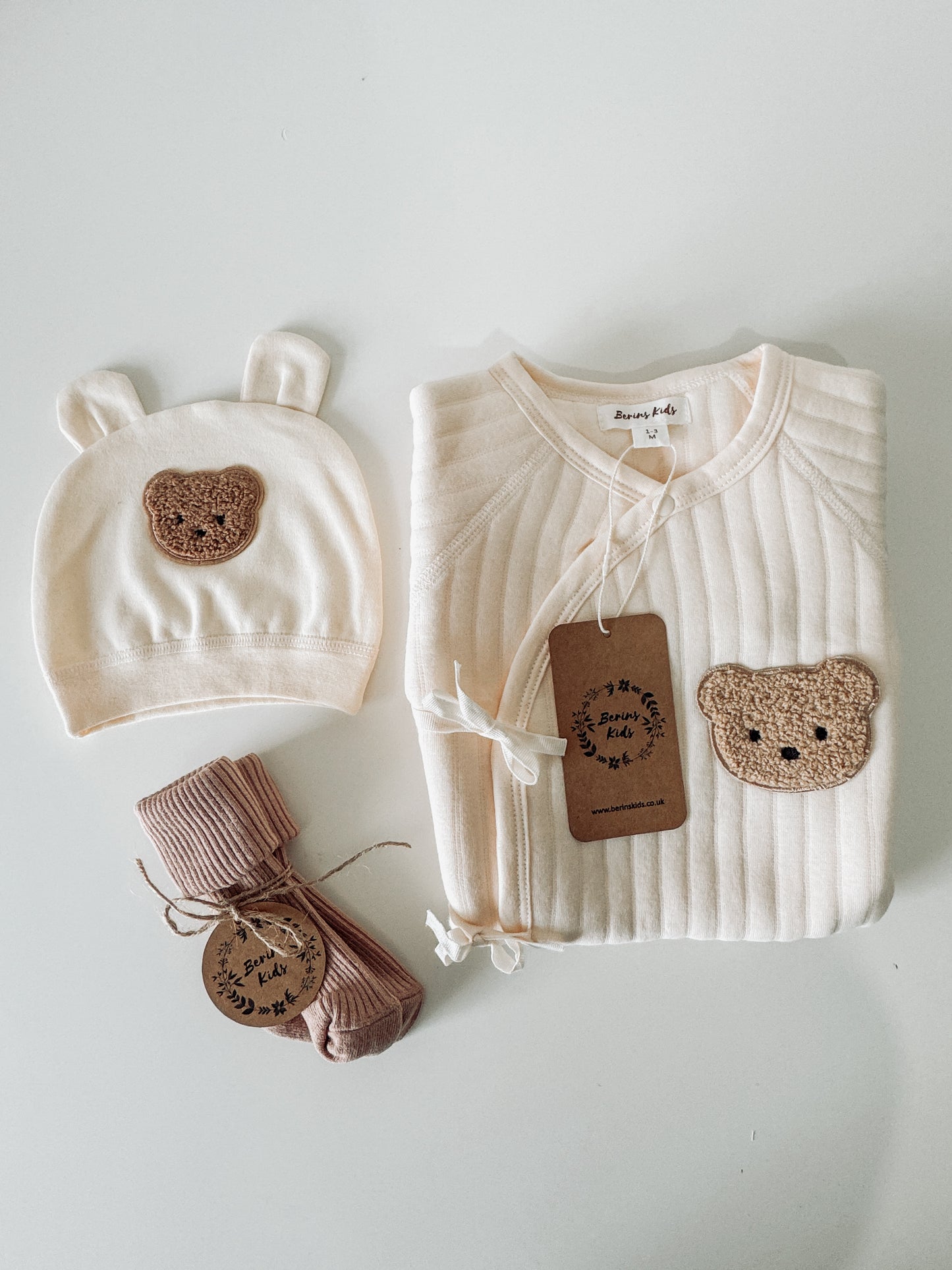 Newborn Bear Gift Set of 3| Personalised CREAM Cotton Romper, Cream Bear Hat, Beige Socks