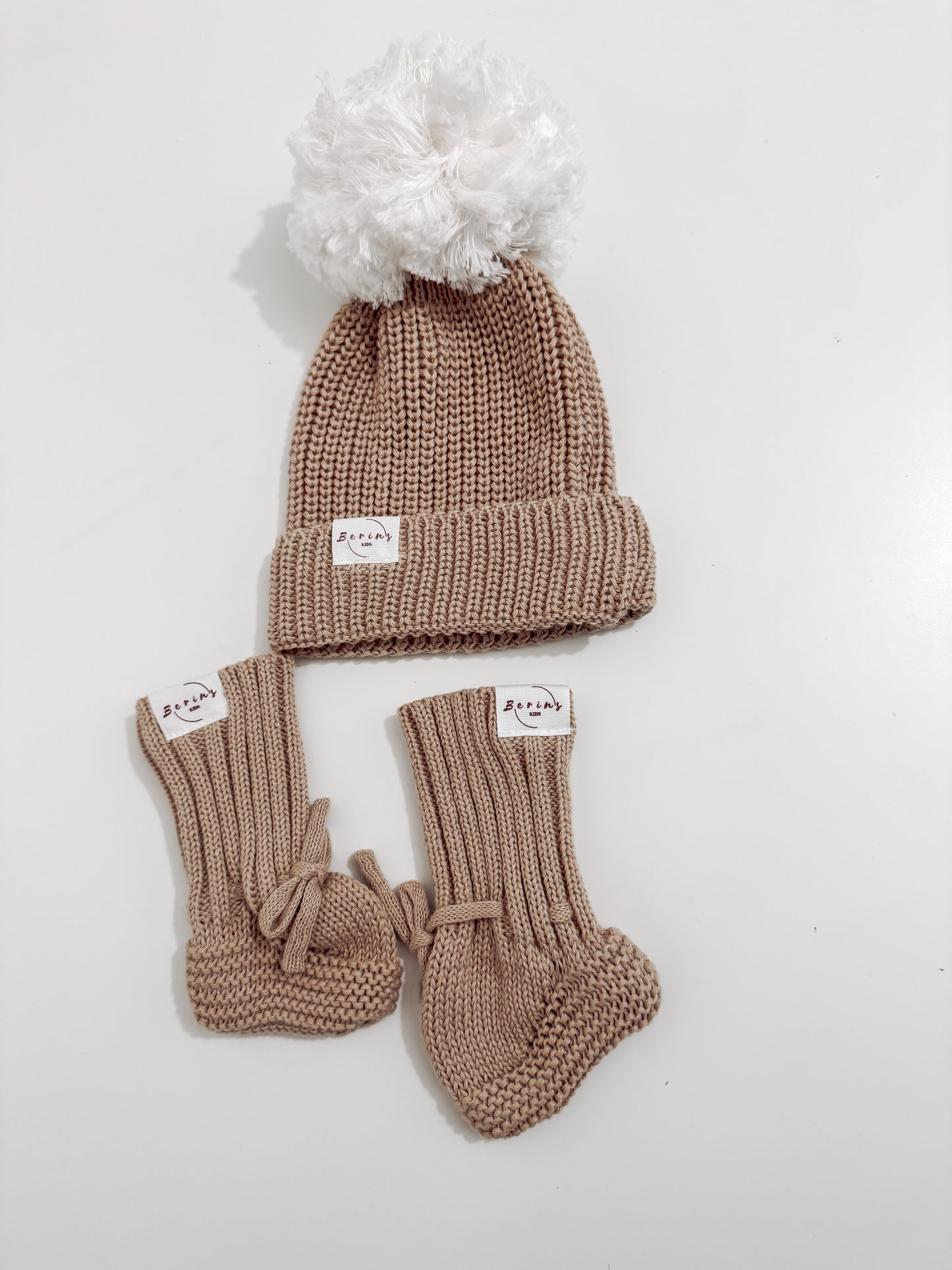Newborn Baby Luxurious Knit Hat and Booties Set | Pink, White, Sage, Beige Socks, Pom Pom Beanie Hat