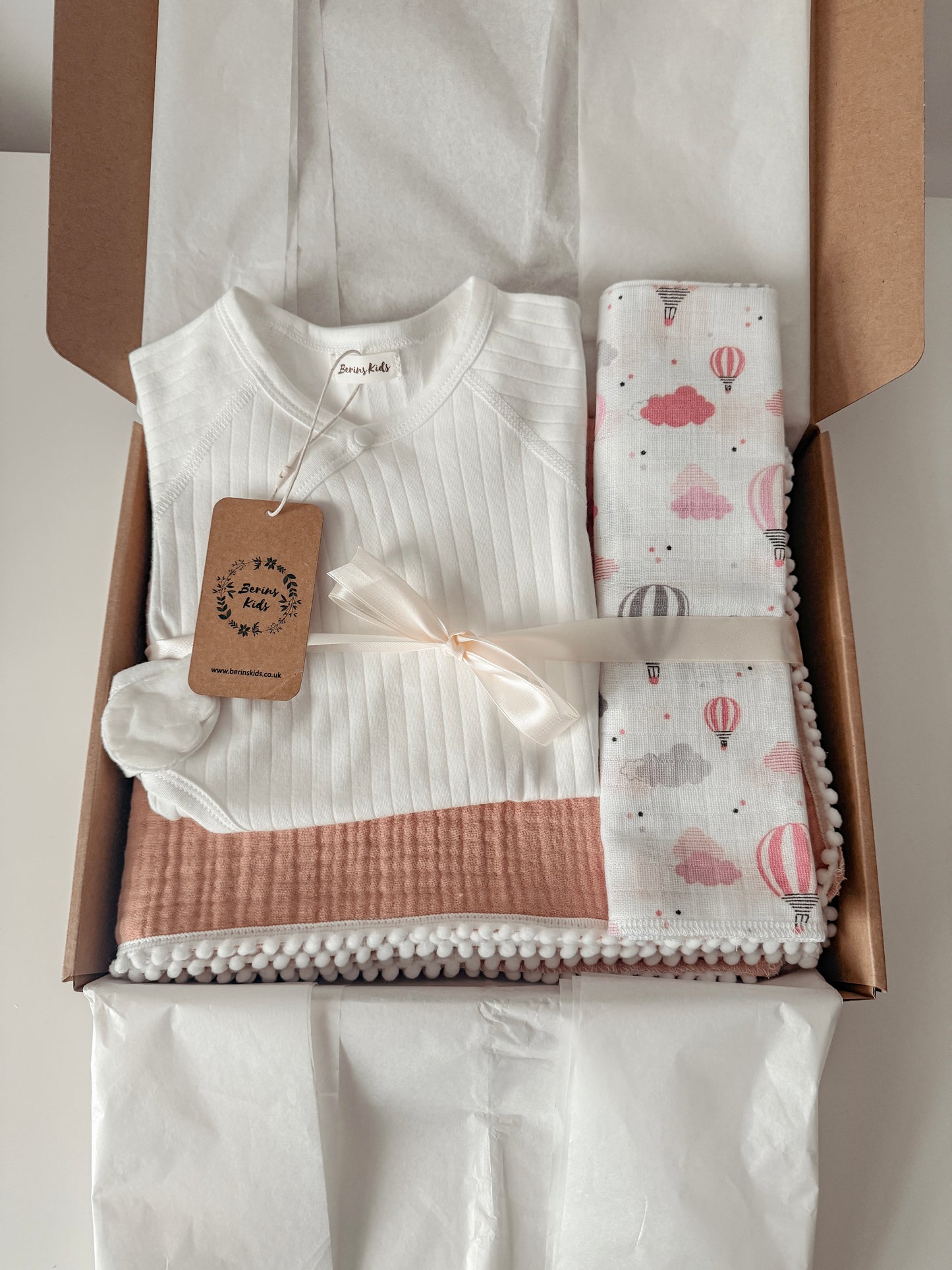 Newborn Gift Set of 3| Angel Wing White Cotton Romper, Salmon Pink Muslin Blanket, Muslin Square