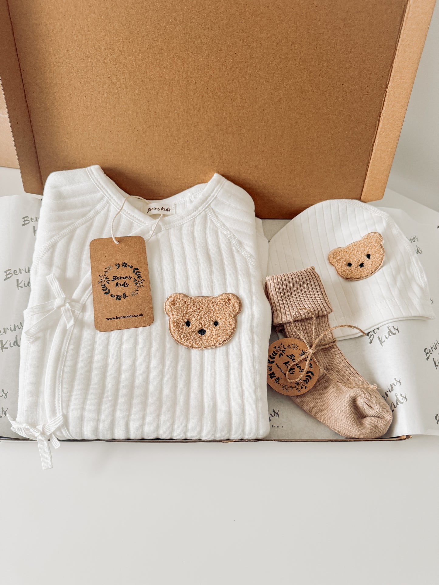 Newborn Bear Gift Set of 3| Milky White Cotton Romper, White Bear Hat, Beige Socks | Personalised Baby Gift