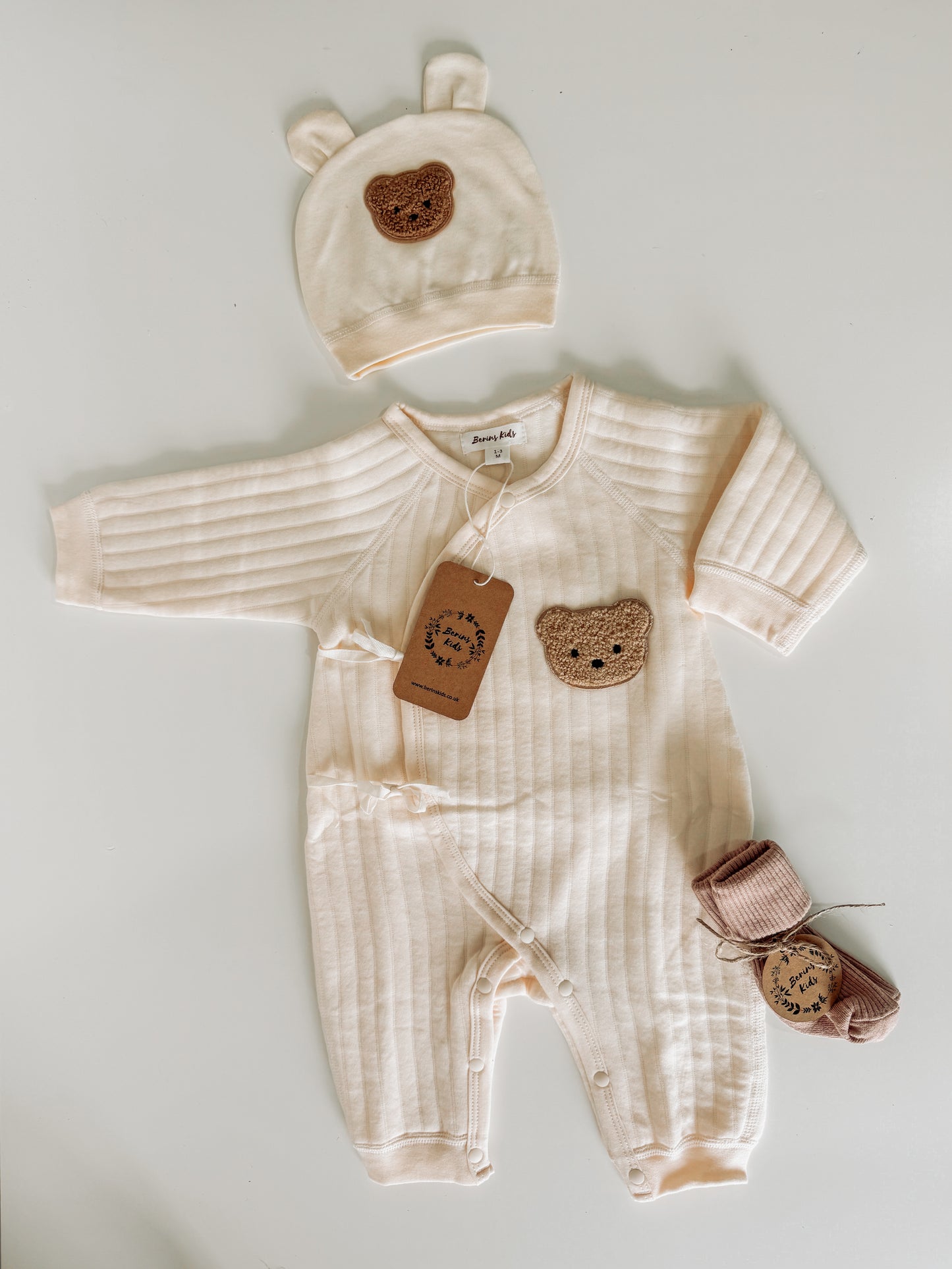 Newborn Bear Gift Set of 3| Personalised CREAM Cotton Romper, Cream Bear Hat, Beige Socks