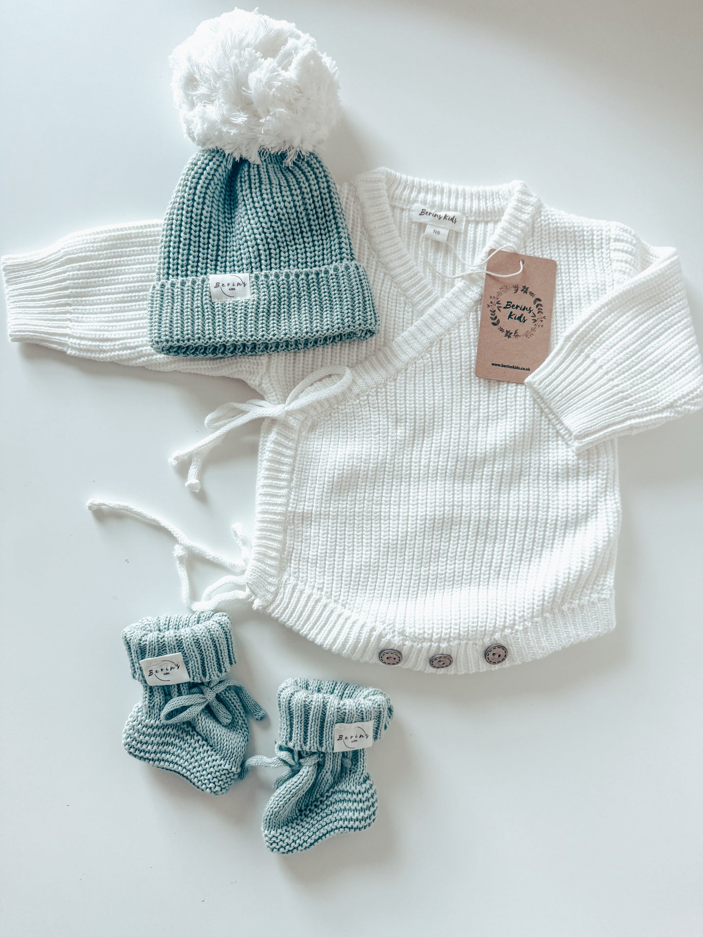 Sage- Unisex Baby 100%Cotton Luxury Knit Set of 3 | Personalised Romper, Pom Pom Hat, Booties