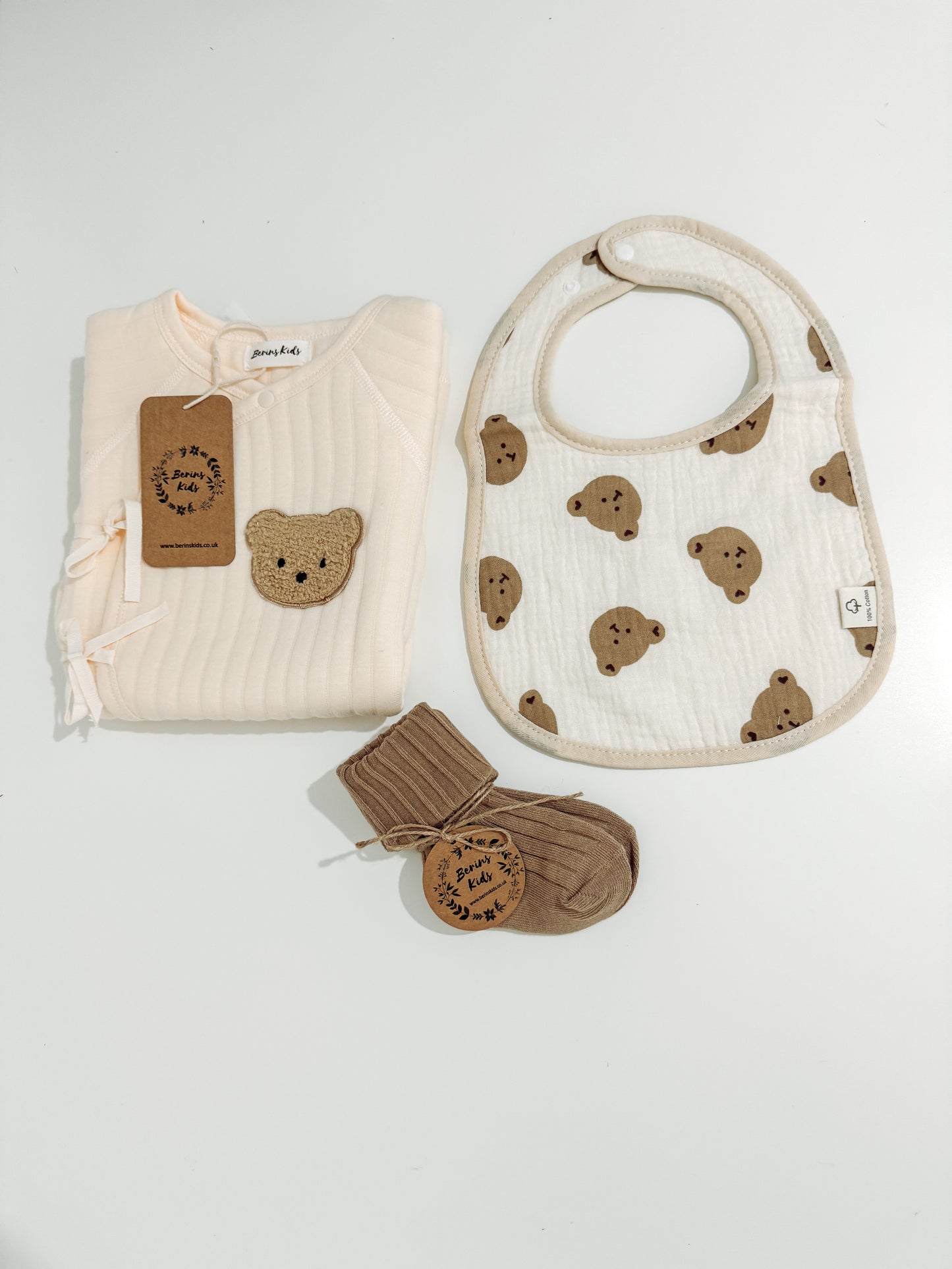 Newborn Bear Gift Set of 3|Personalised Cream Bear Cotton Romper, Bear Muslin Bib, Beige Socks