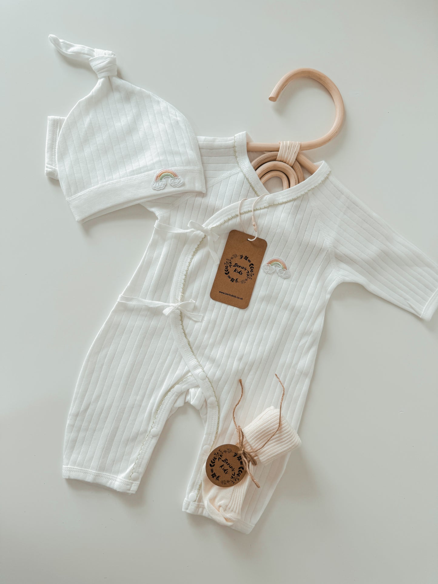 Newborn Rainbow Gift Set of 3| Milky White Cotton Romper, White Rainbow Beanie, Ecru Socks