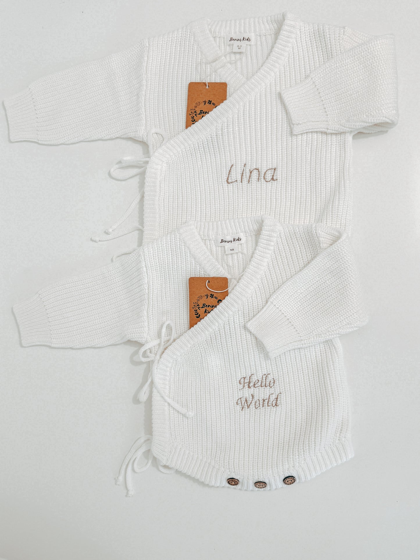 EMBROIDERED-PERSONALISED Newborn Baby Knit Cotton Rompers | Luxury Baby Cardigan | White Soft Cotton Romper