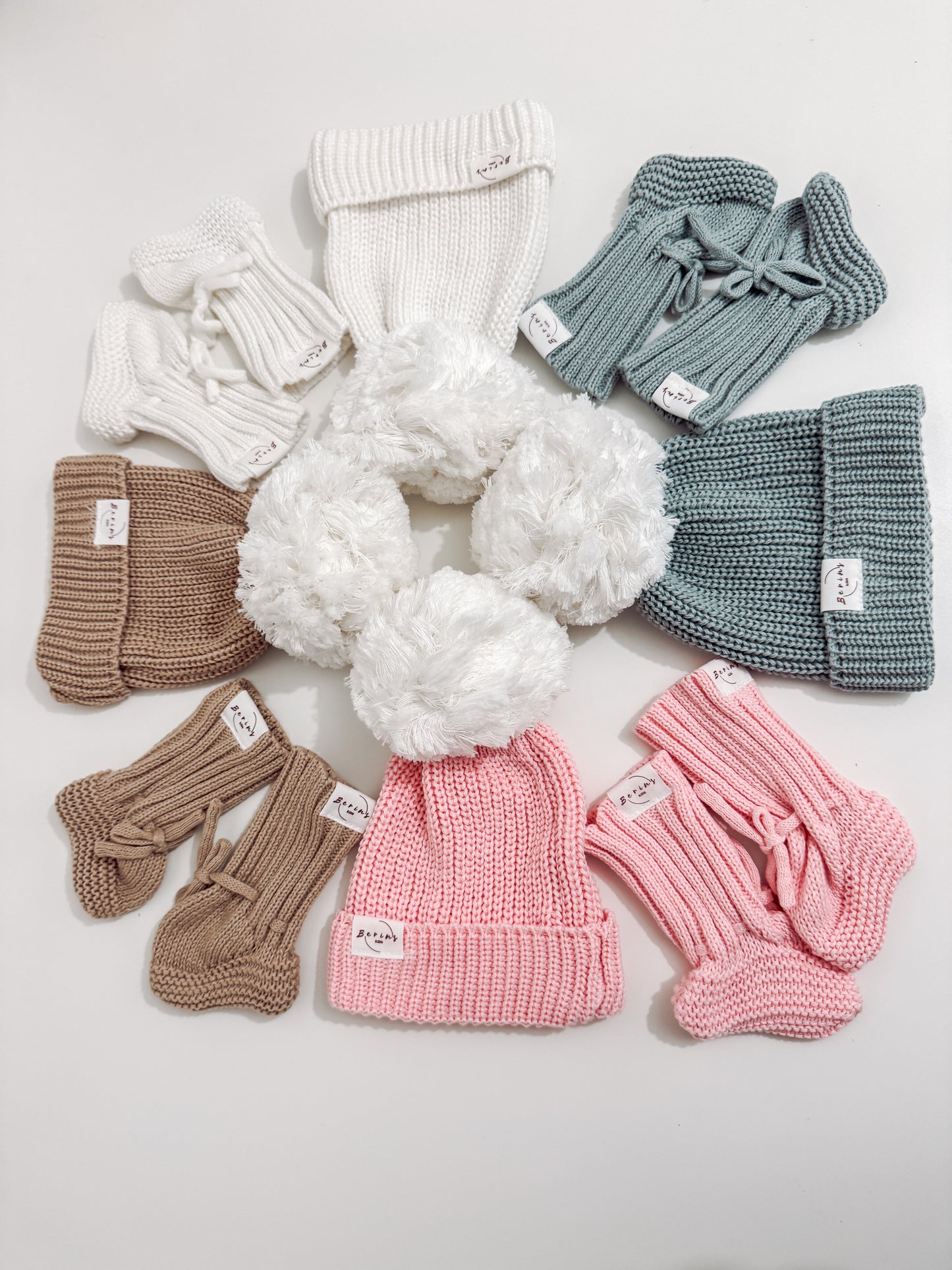 Newborn Baby Luxurious Knit Hat and Booties Set | Pink, White, Sage, Beige Socks, Pom Pom Beanie Hat