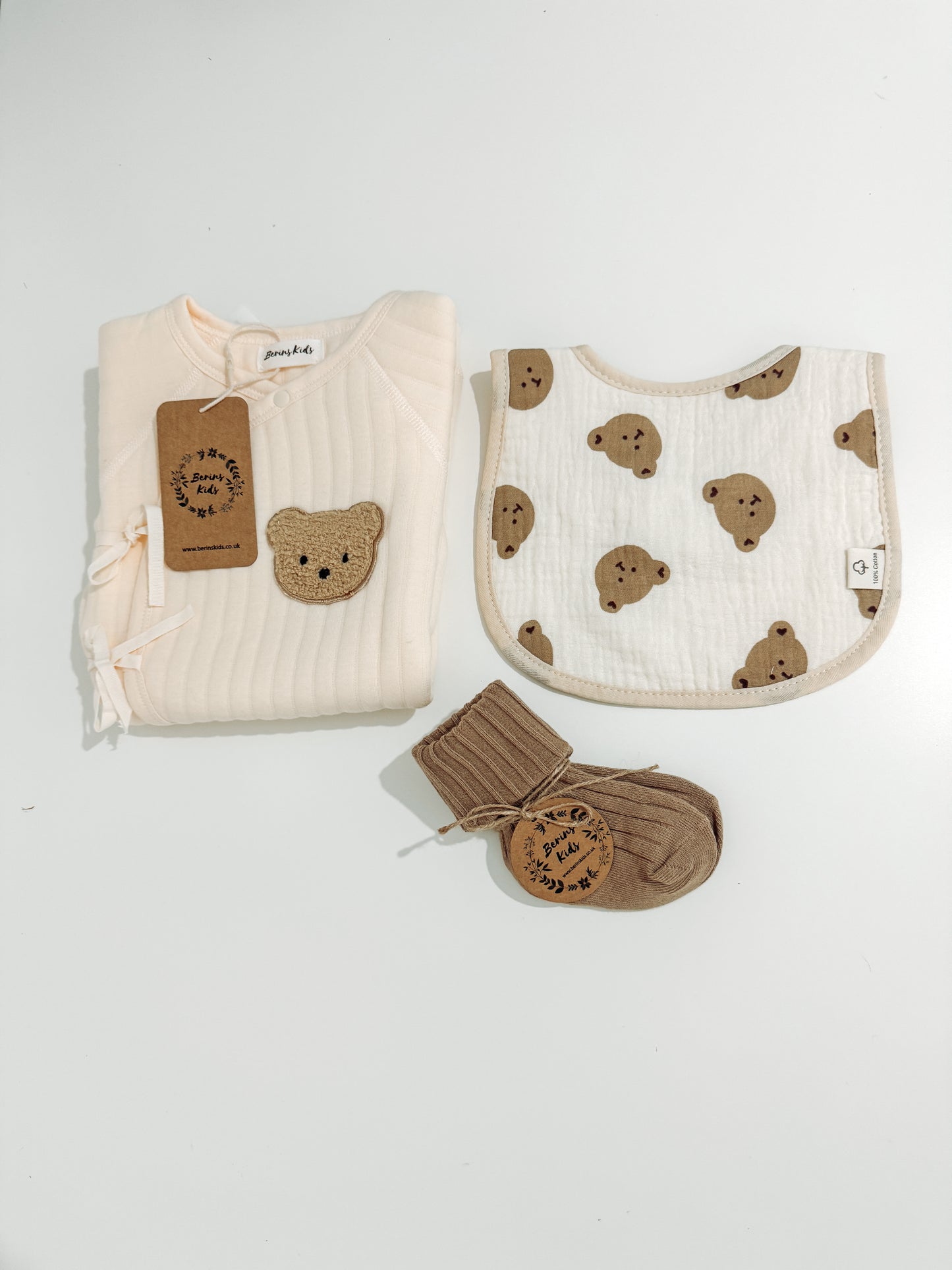 Newborn Bear Gift Set of 3|Personalised Cream Bear Cotton Romper, Bear Muslin Bib, Beige Socks
