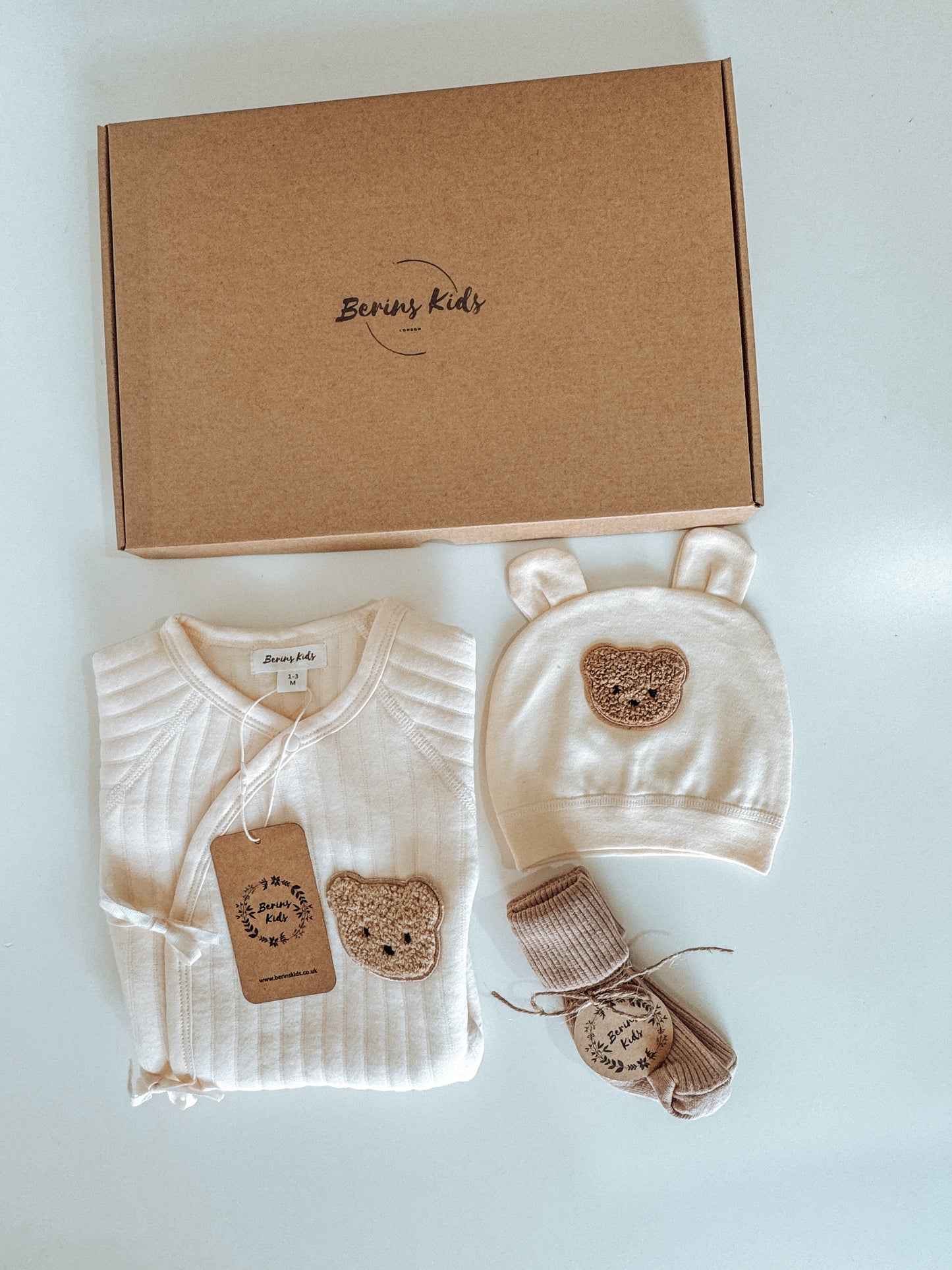 Newborn Bear Gift Set of 3| Personalised CREAM Cotton Romper, Cream Bear Hat, Beige Socks