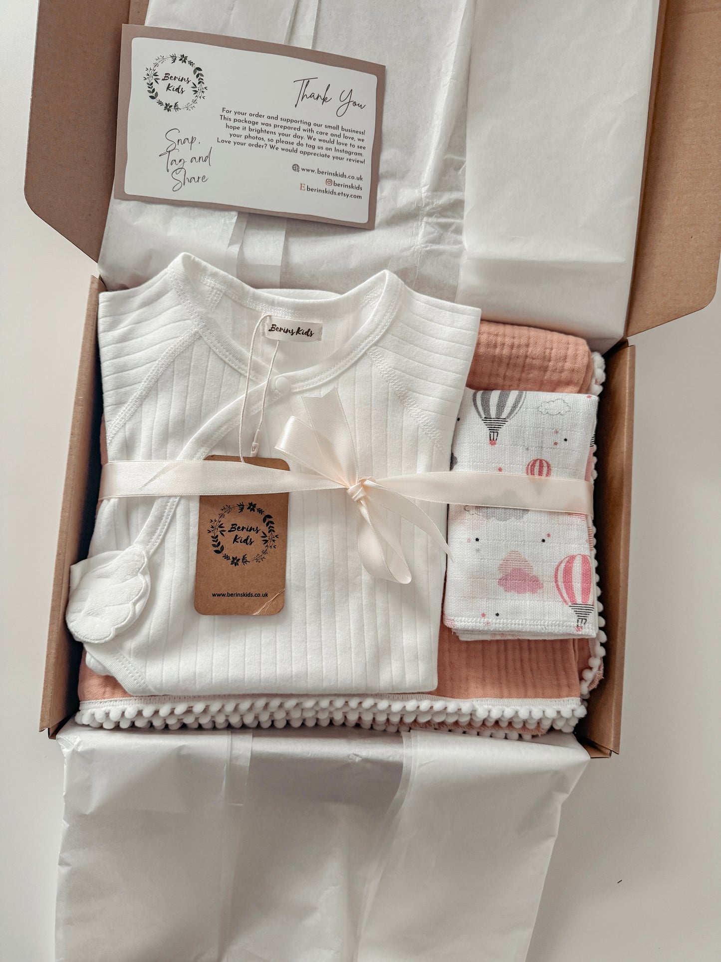 Newborn Gift Set of 3| Angel Wing White Cotton Romper, Salmon Pink Muslin Blanket, Muslin Square