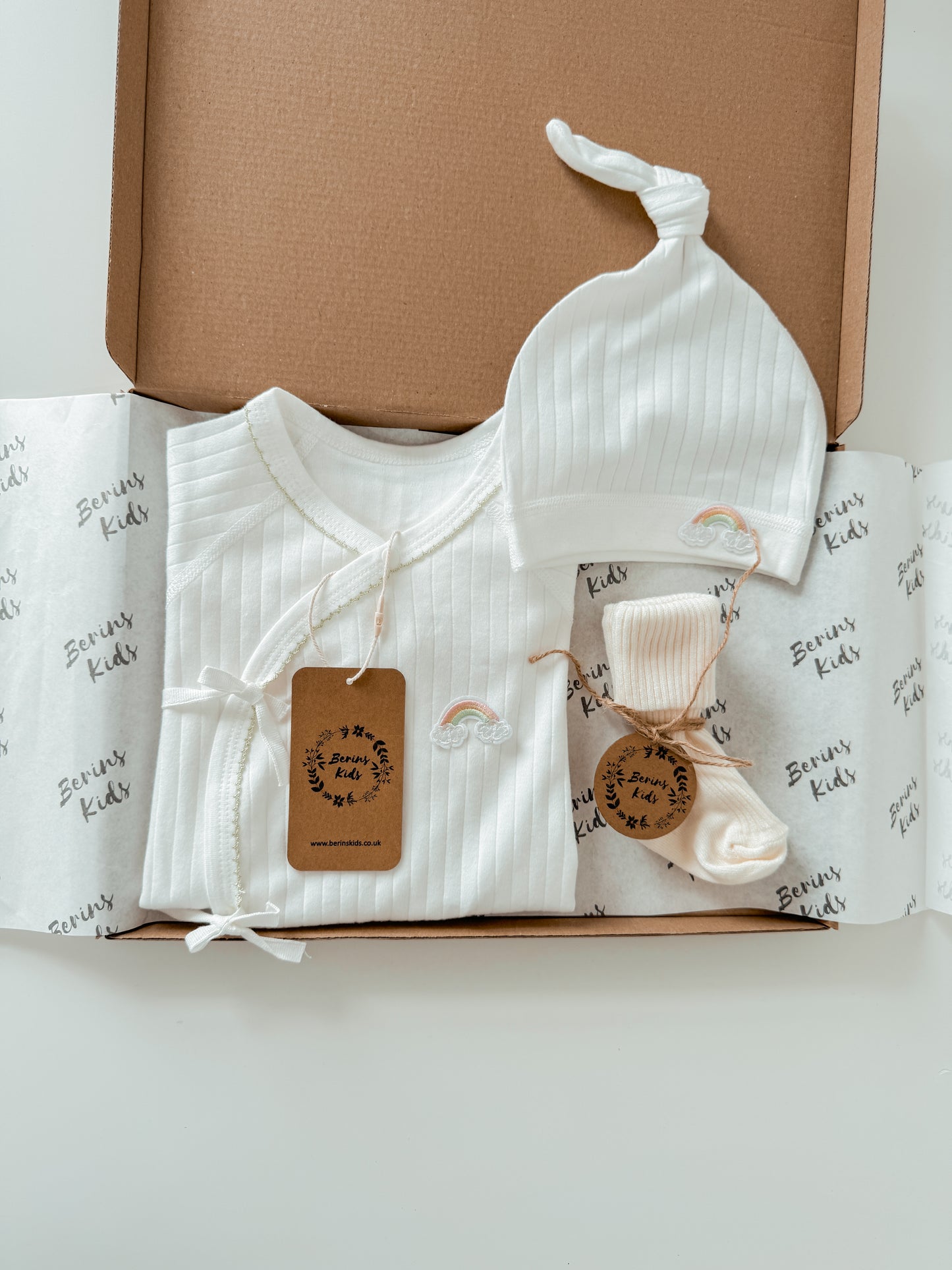 Newborn Rainbow Gift Set of 3| Milky White Cotton Romper, White Rainbow Beanie, Ecru Socks