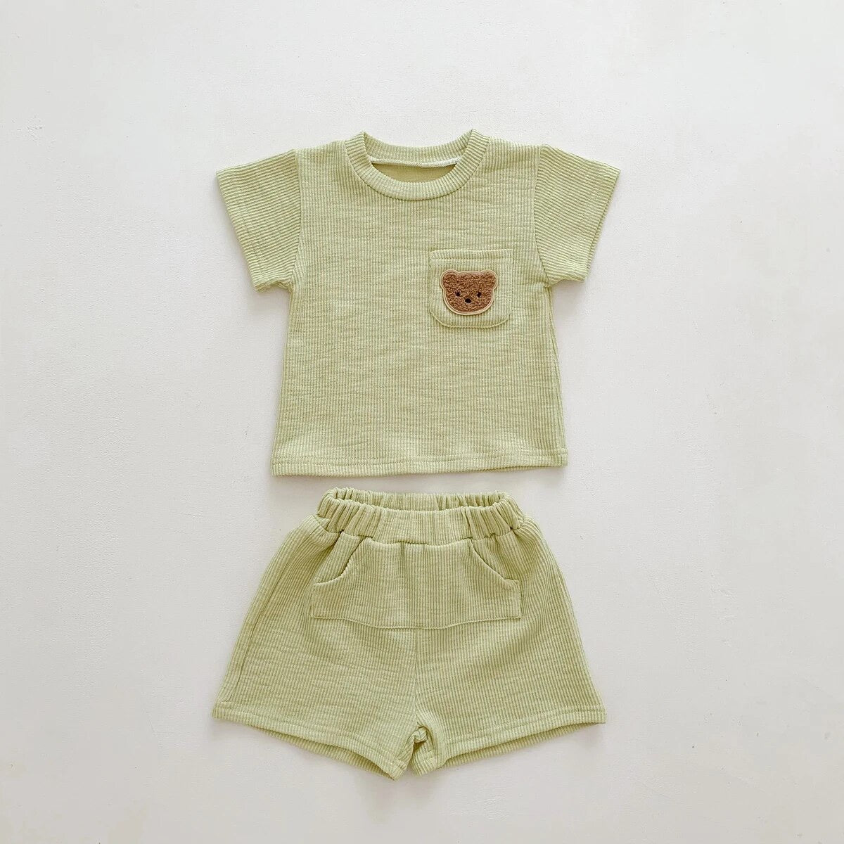 GREEN Bear Embroidered Cotton Short Sleeve+Shorts 2 Piece Suit for Baby Toddler Boys/Girls Summer Outfit