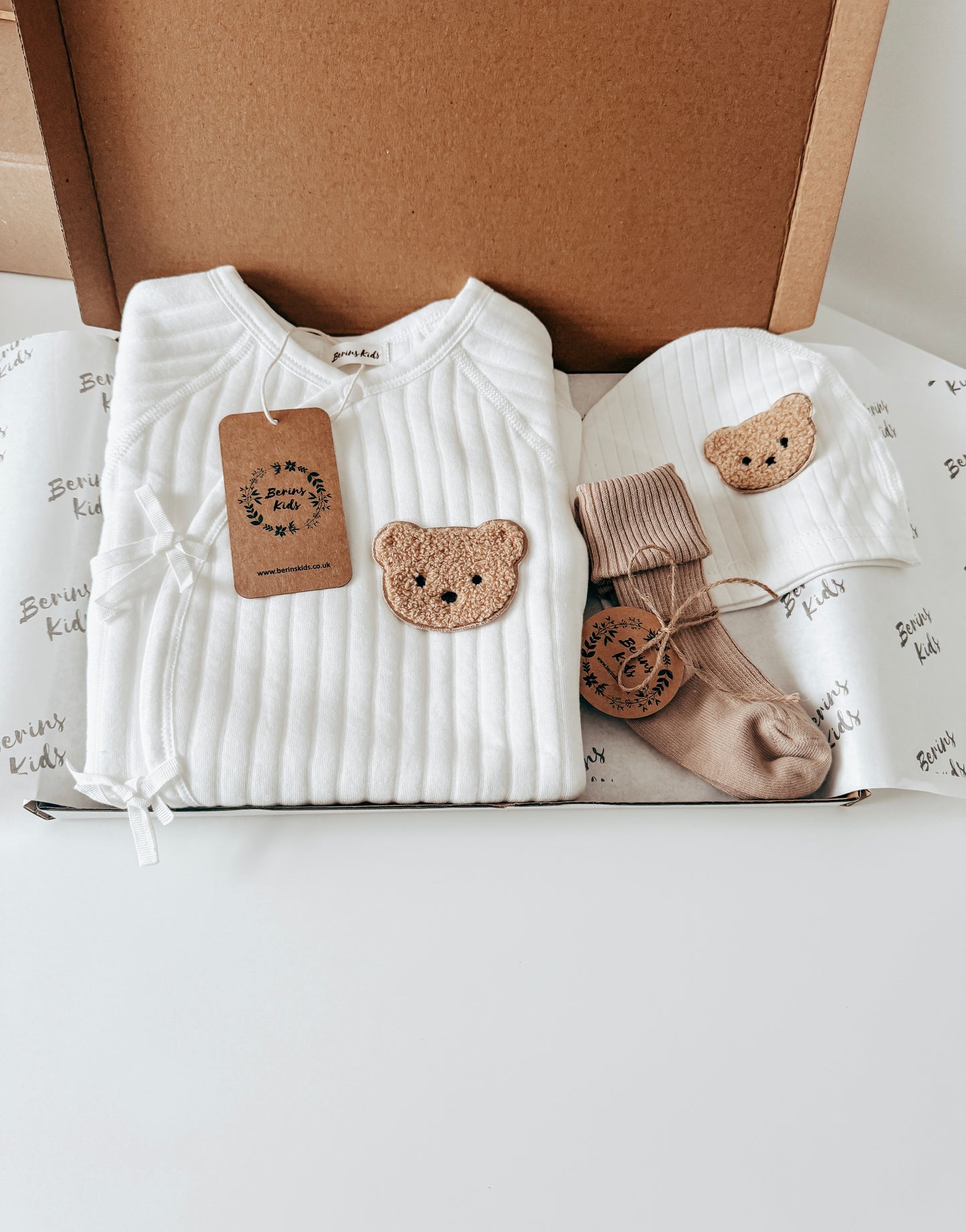 Newborn Bear Gift Set of 3| Milky White Cotton Romper, White Bear Hat, Beige Socks | Personalised Baby Gift