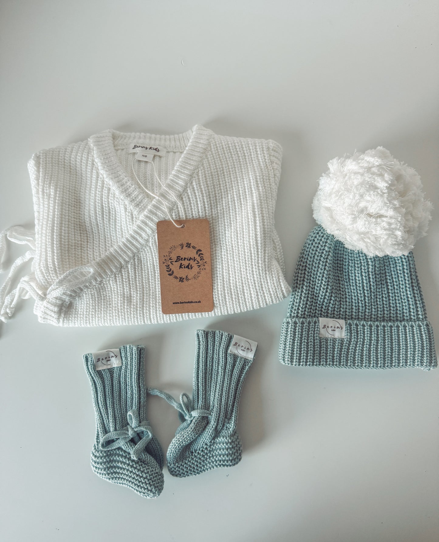 Sage- Unisex Baby 100%Cotton Luxury Knit Set of 3 | Personalised Romper, Pom Pom Hat, Booties