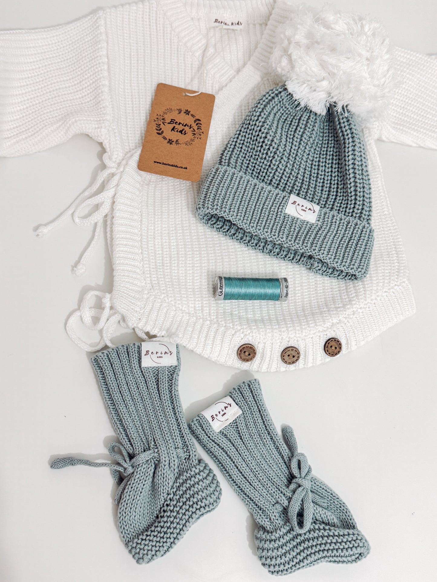 Sage- Unisex Baby 100%Cotton Luxury Knit Set of 3 | Personalised Romper, Pom Pom Hat, Booties