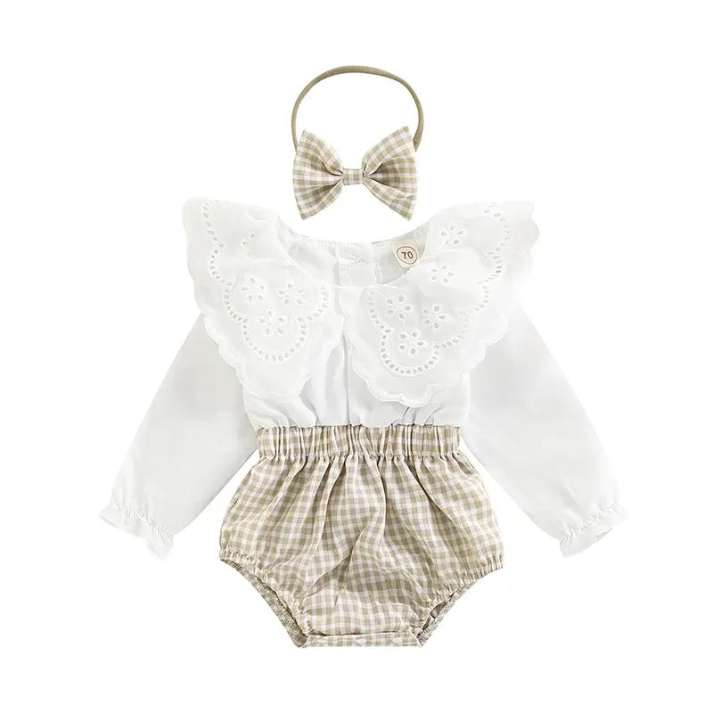 2Pcs Baby Girl Outfit, Long Sleeve Romper + Hairband Set