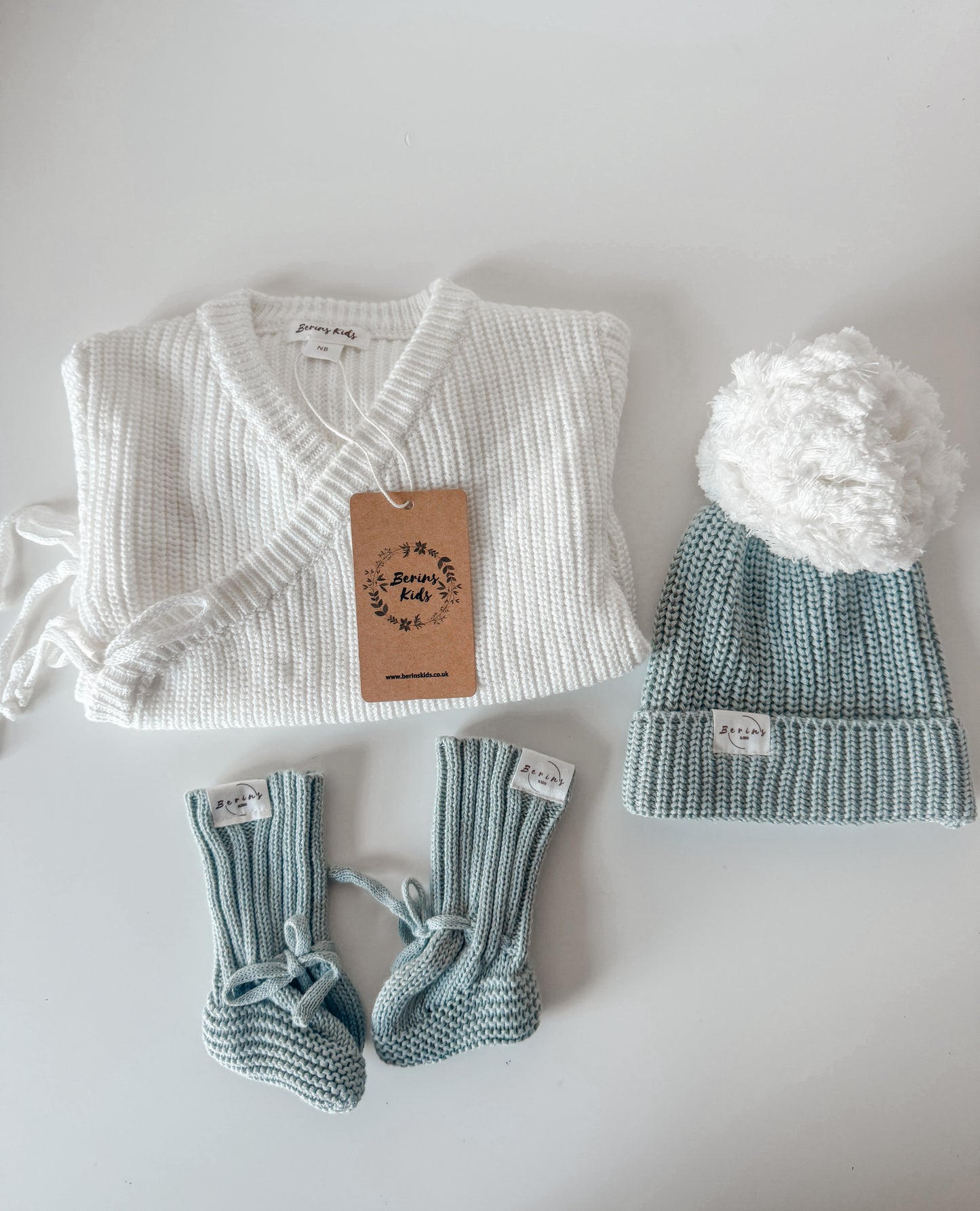 Sage- Unisex Baby 100%Cotton Luxury Knit Set of 3 | Personalised Romper, Pom Pom Hat, Booties