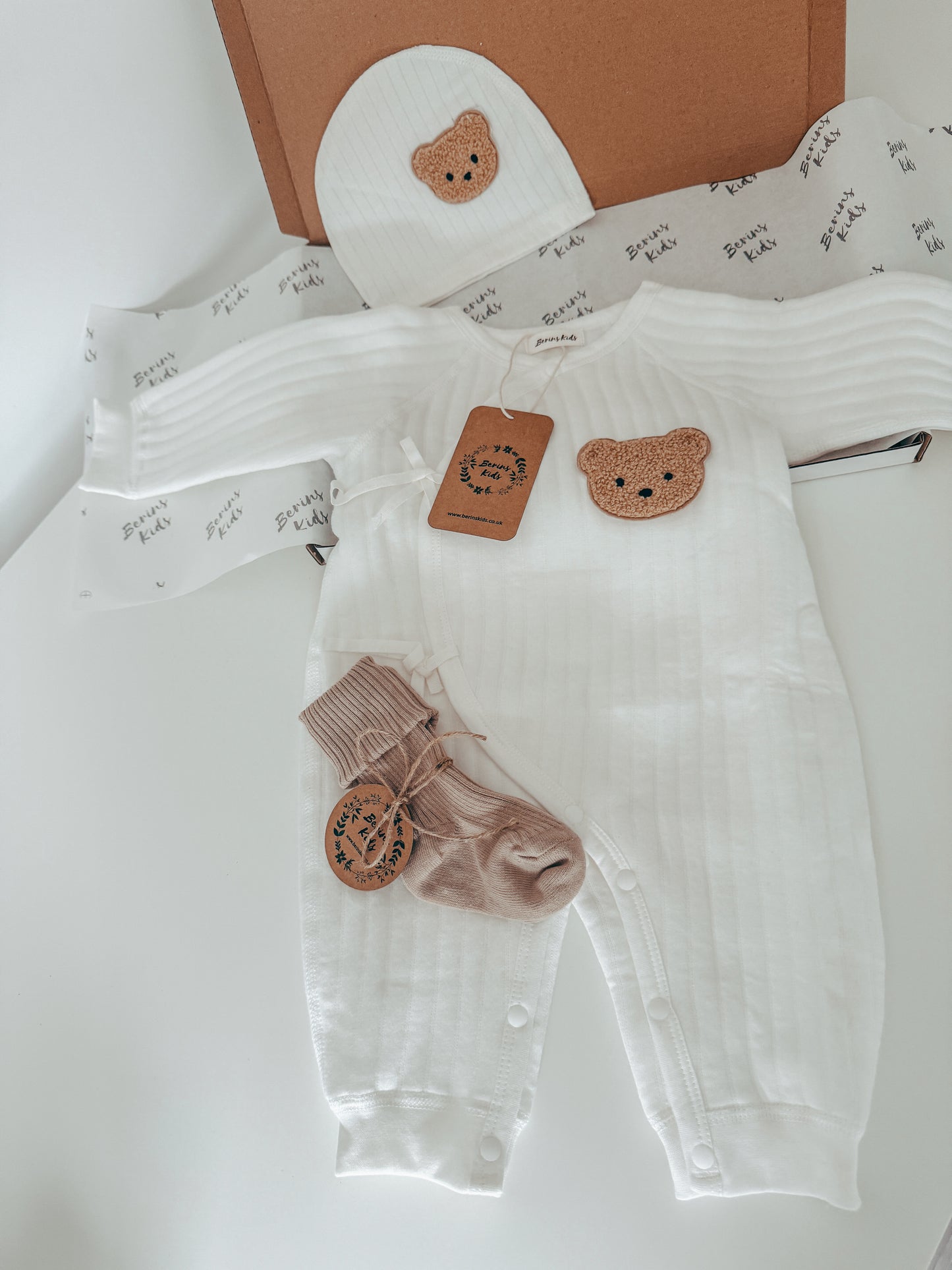Newborn Bear Gift Set of 3| Milky White Cotton Romper, White Bear Hat, Beige Socks | Personalised Baby Gift