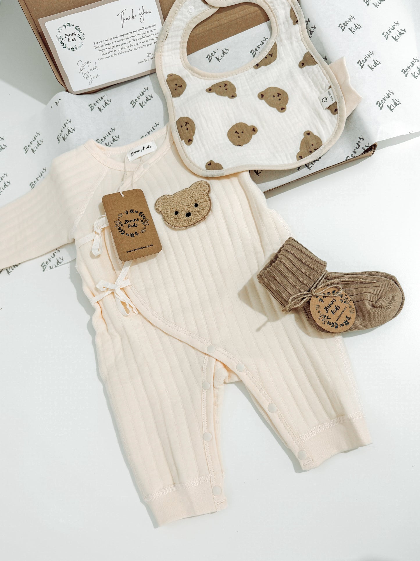 Newborn Bear Gift Set of 3|Personalised Cream Bear Cotton Romper, Bear Muslin Bib, Beige Socks