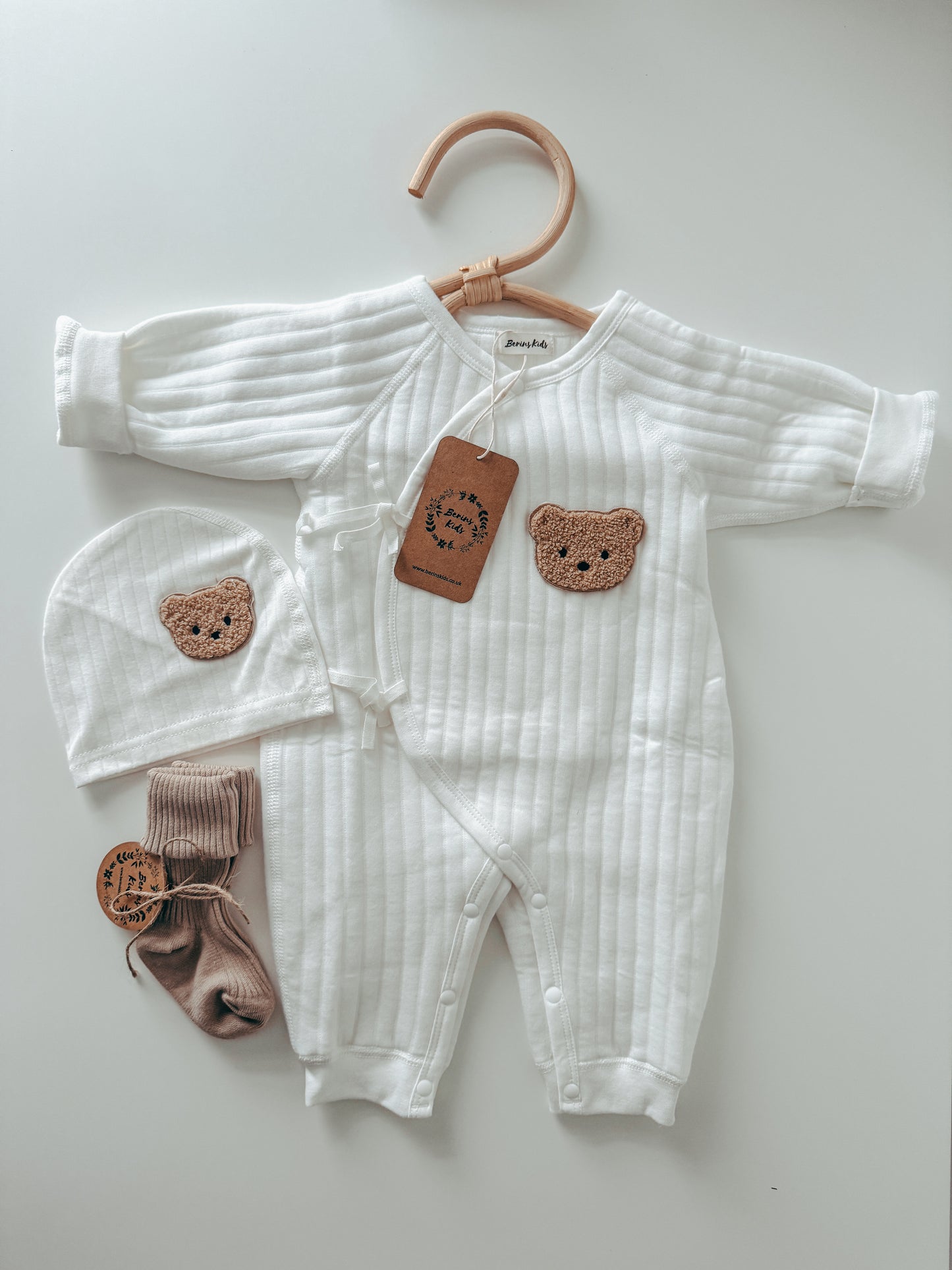 Newborn Bear Gift Set of 3| Milky White Cotton Romper, White Bear Hat, Beige Socks | Personalised Baby Gift