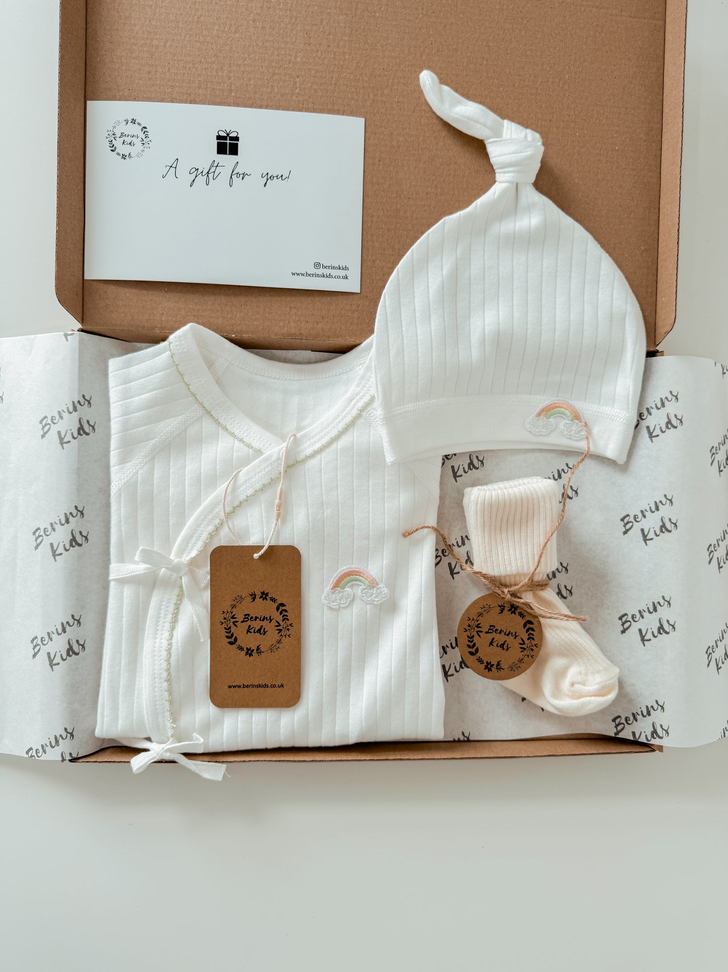 Newborn Rainbow Gift Set of 3| Milky White Cotton Romper, White Rainbow Beanie, Ecru Socks