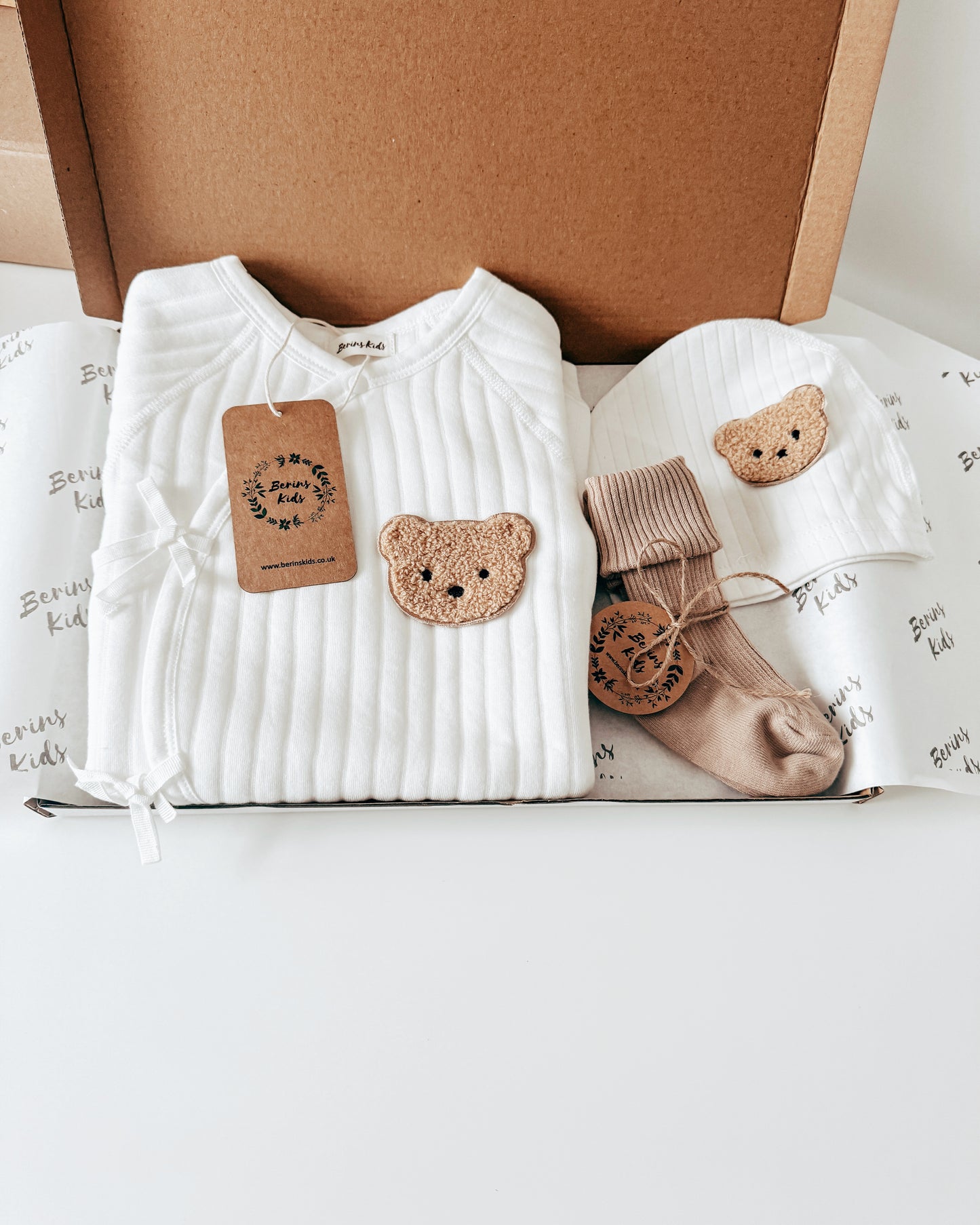 Newborn Bear Gift Set of 3| Milky White Cotton Romper, White Bear Hat, Beige Socks | Personalised Baby Gift