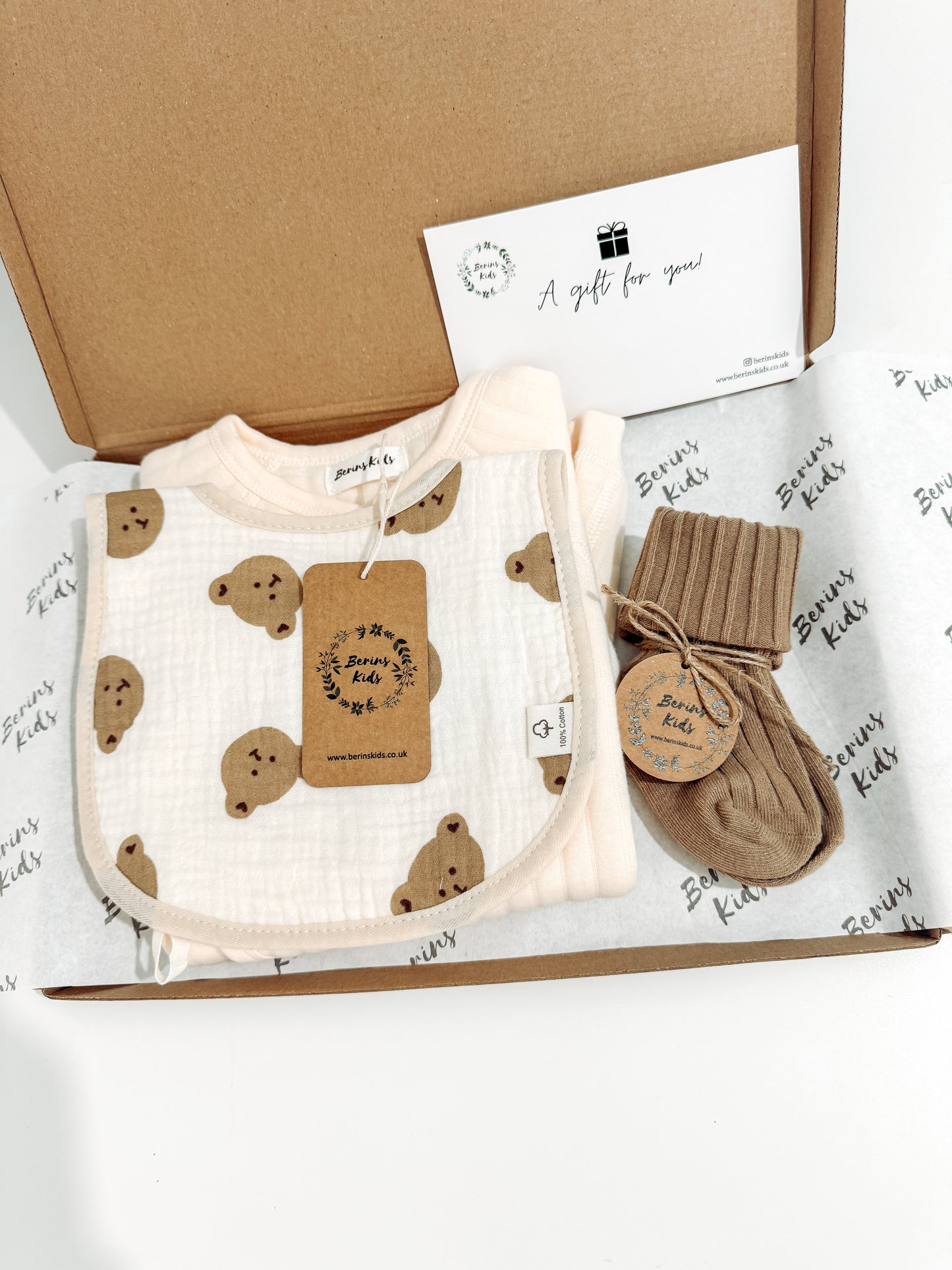 Newborn Bear Gift Set of 3|Personalised Cream Bear Cotton Romper, Bear Muslin Bib, Beige Socks