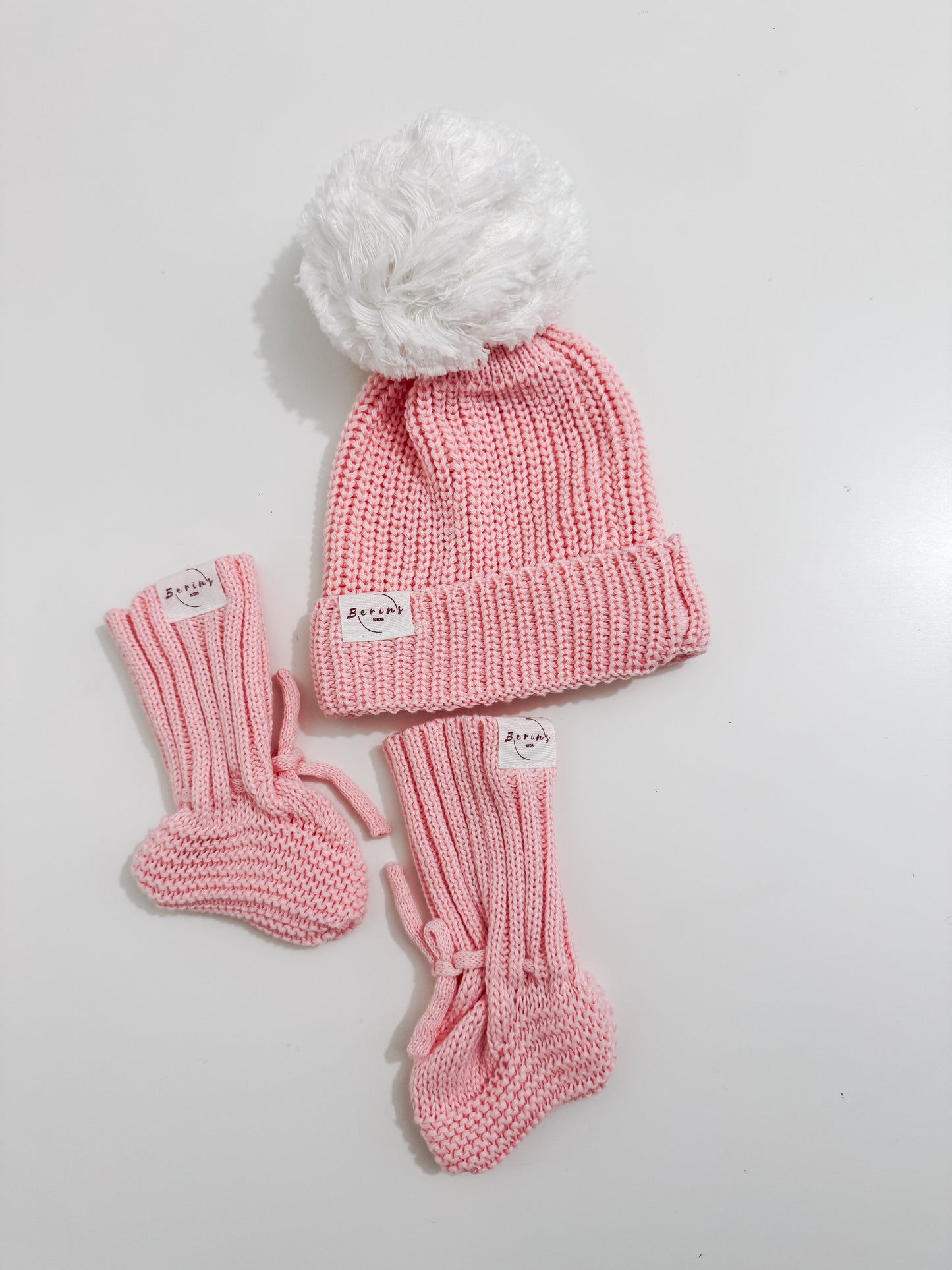 Newborn Baby Luxurious Knit Hat and Booties Set | Pink, White, Sage, Beige Socks, Pom Pom Beanie Hat