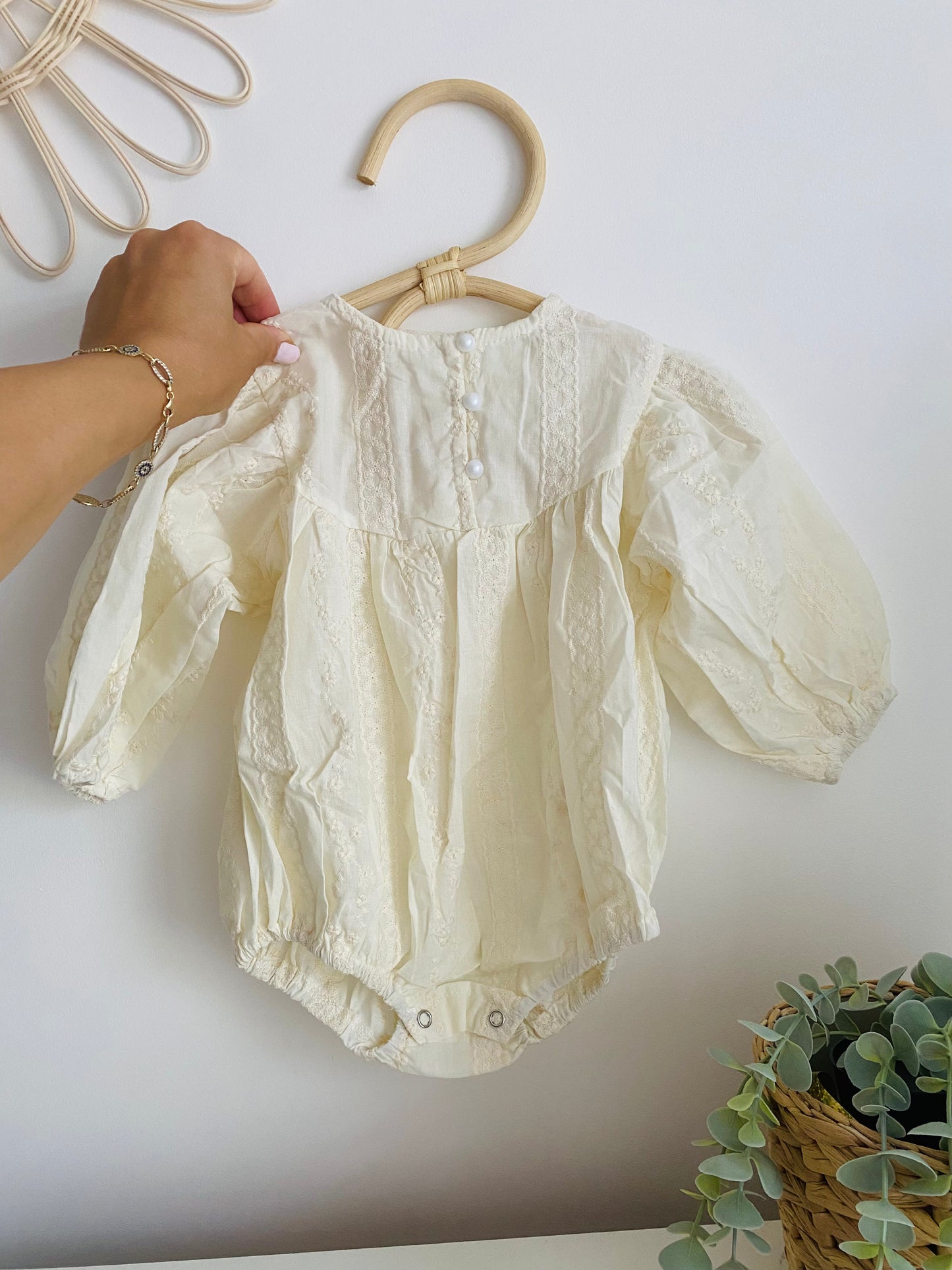 Baby/Toddler Girl Romper | Ivory Cotton Lace Long Sleeve Rompers