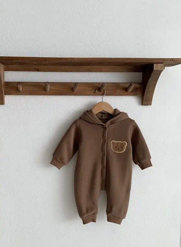 Baby/Toddler Autumn-Winter Teddy Bear Bodysuit (BROWN) Personalised Jumpsuit Hoodies | Boy Girl Romper