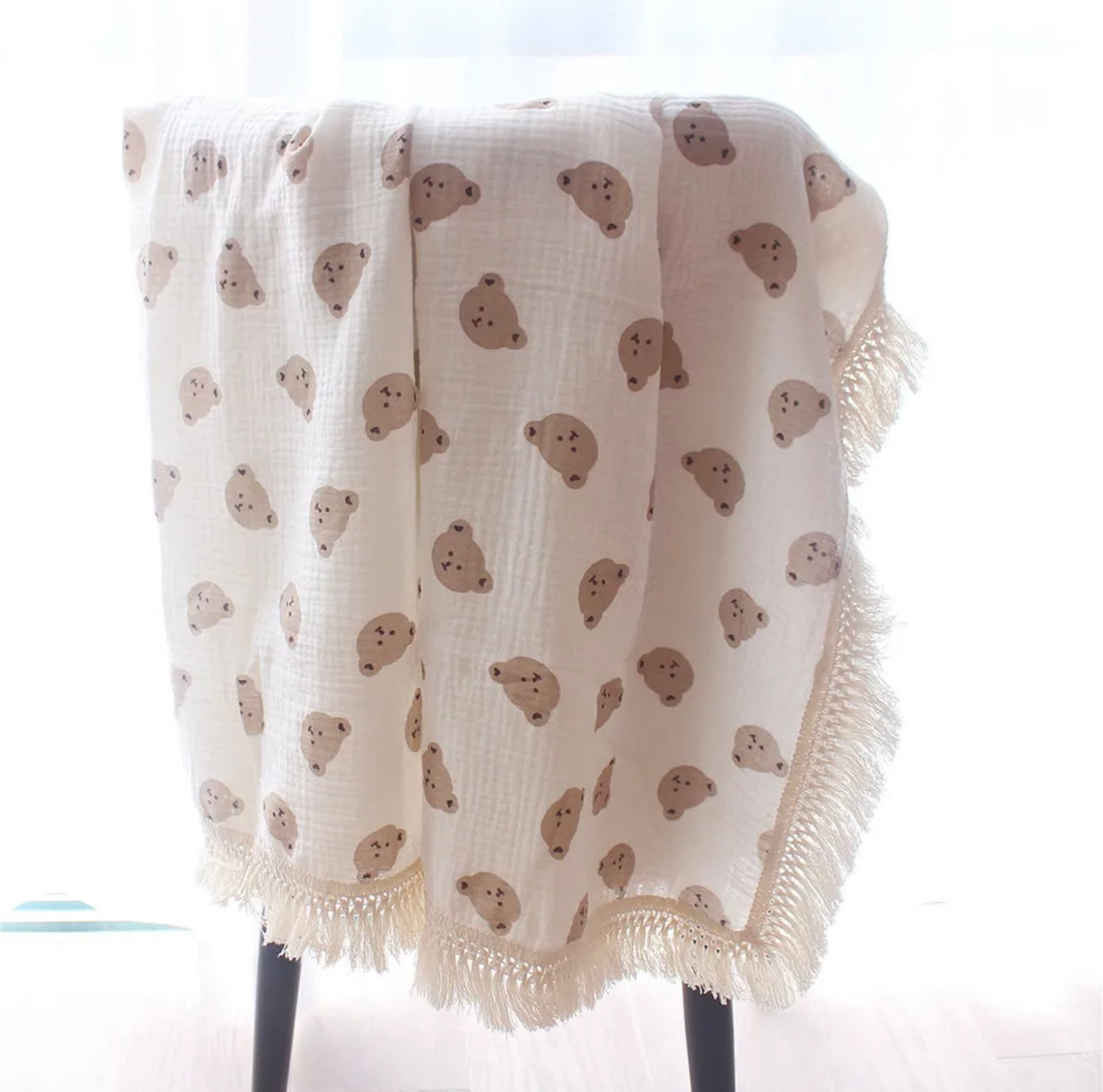 Newborn Bear Gift Set of 4 Milky White Pom Pom Hat, Happy Bear Muslin Blanket 80x65cm, Muslin Bear Bib, Brown Bear Socks