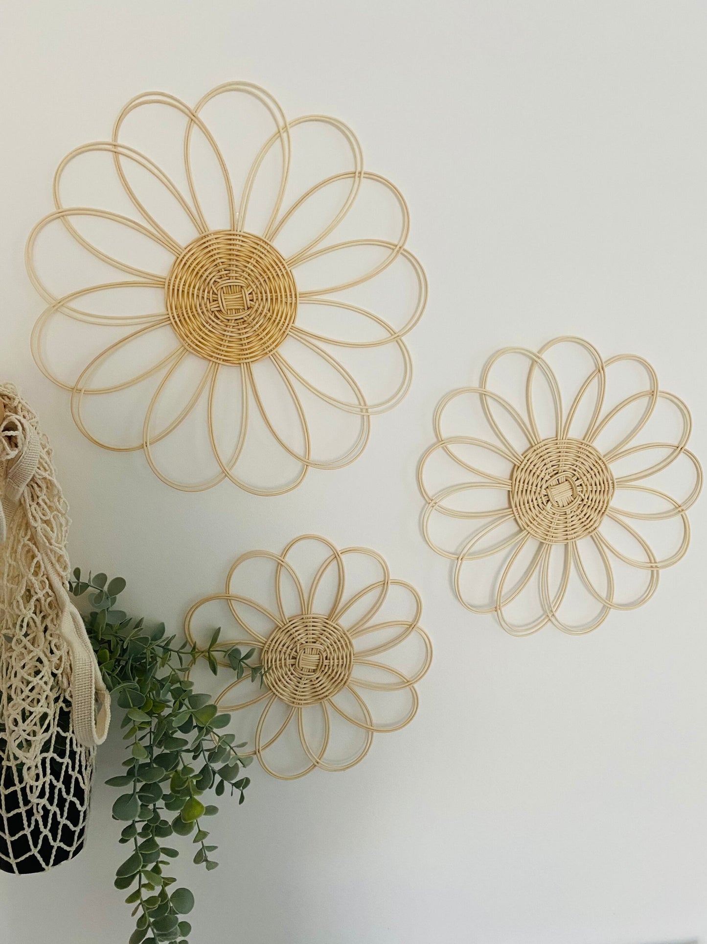 Handmade 3X Rattan Flower Wall Hanging | Boho Style Wall Decor