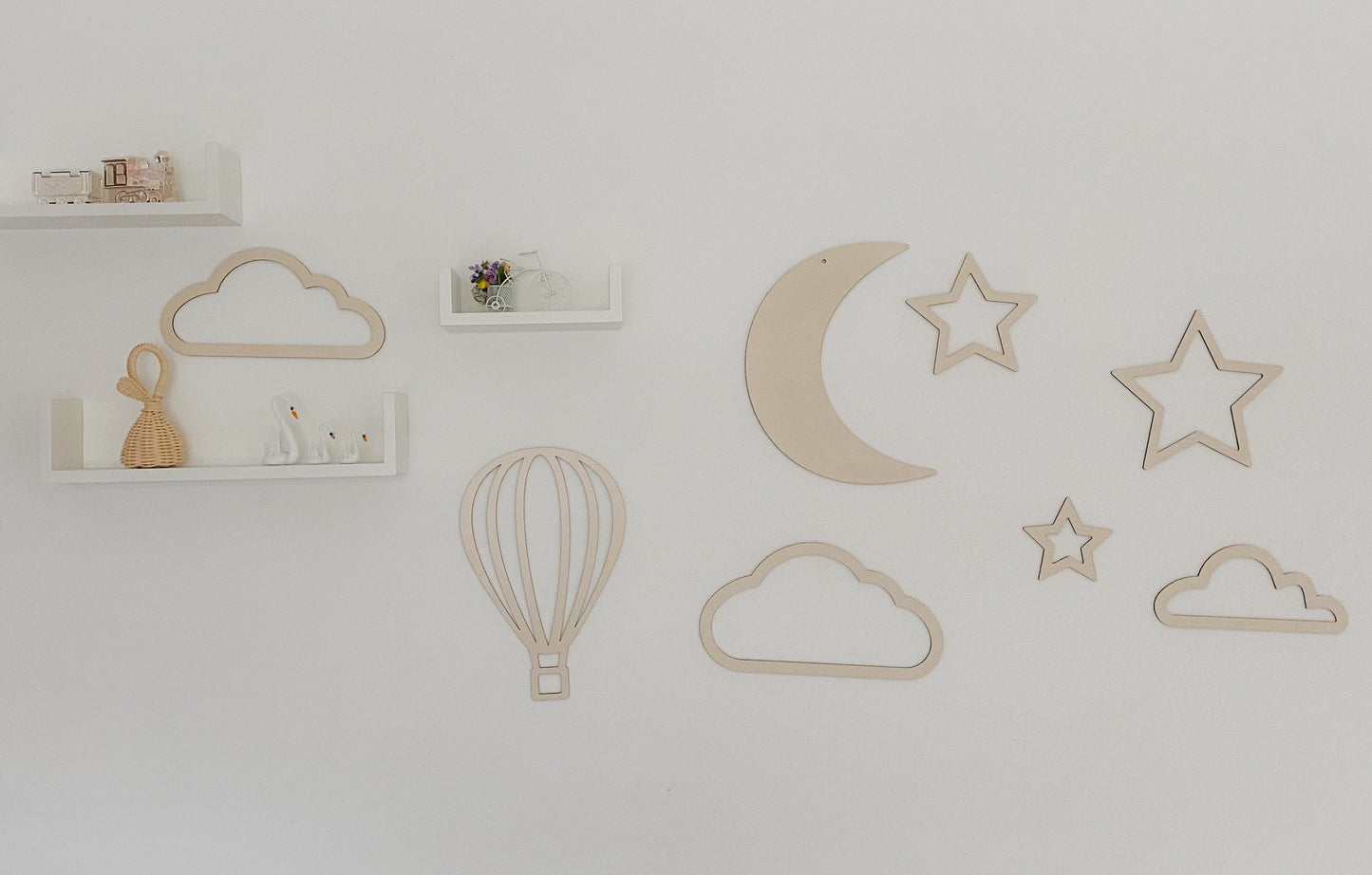 Wooden Set of 9 Wall Decor, Moon, Cloud, Star, Balloon | Boho Style Nursery Wall Decor