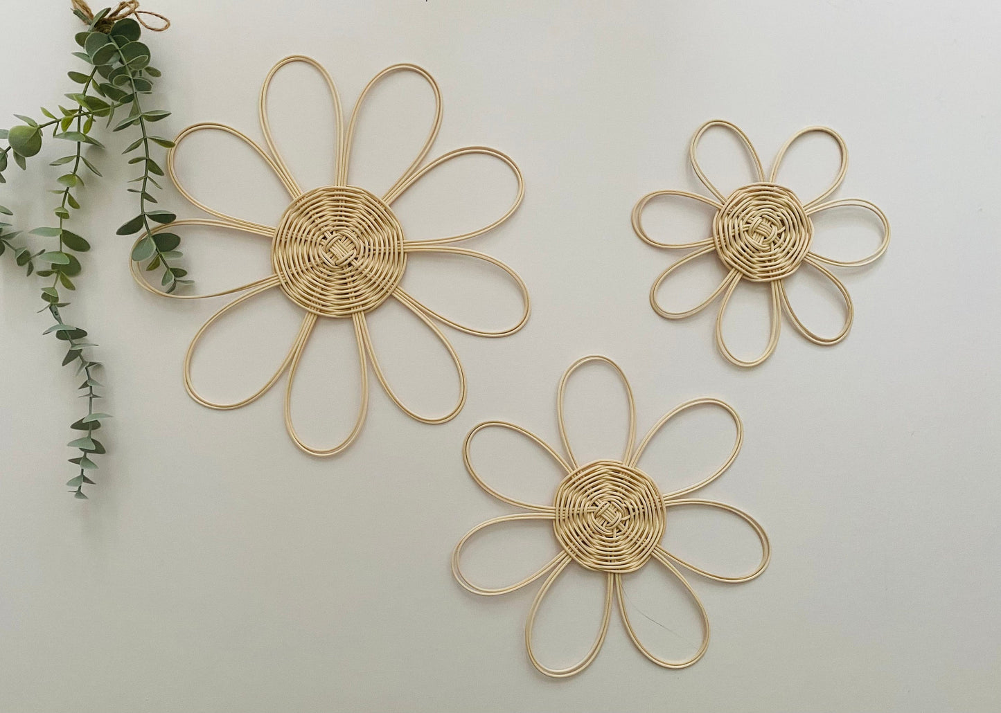 Handmade Set of 3 Rattan Flower Wall Hanging | Bohemians style Nursery Wall Decor