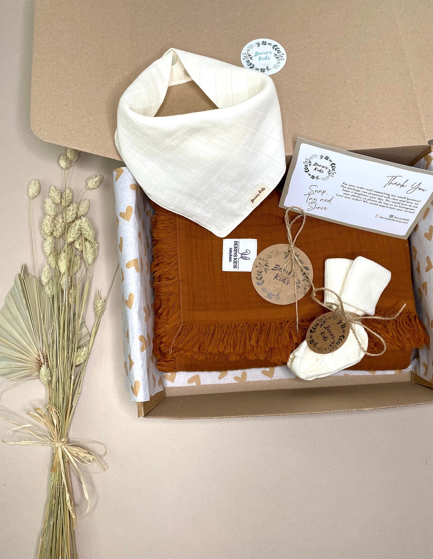 Baby Gift Set, Cinnamon Muslin Blanket, Bib, and Socks