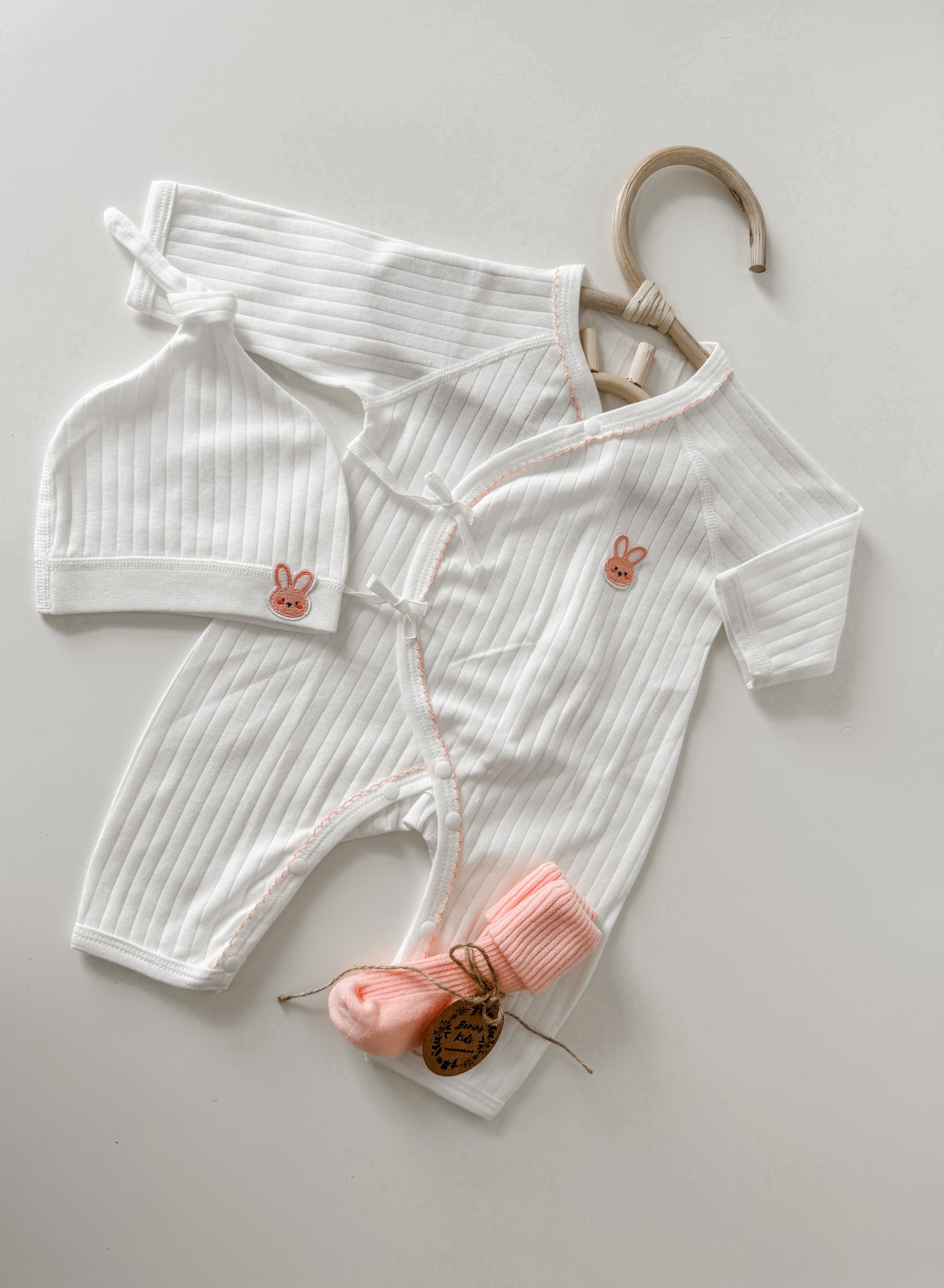 Newborn Bunny Gift Set of 3| Milky White Cotton Romper, White Bunny Beanie, Pink Socks