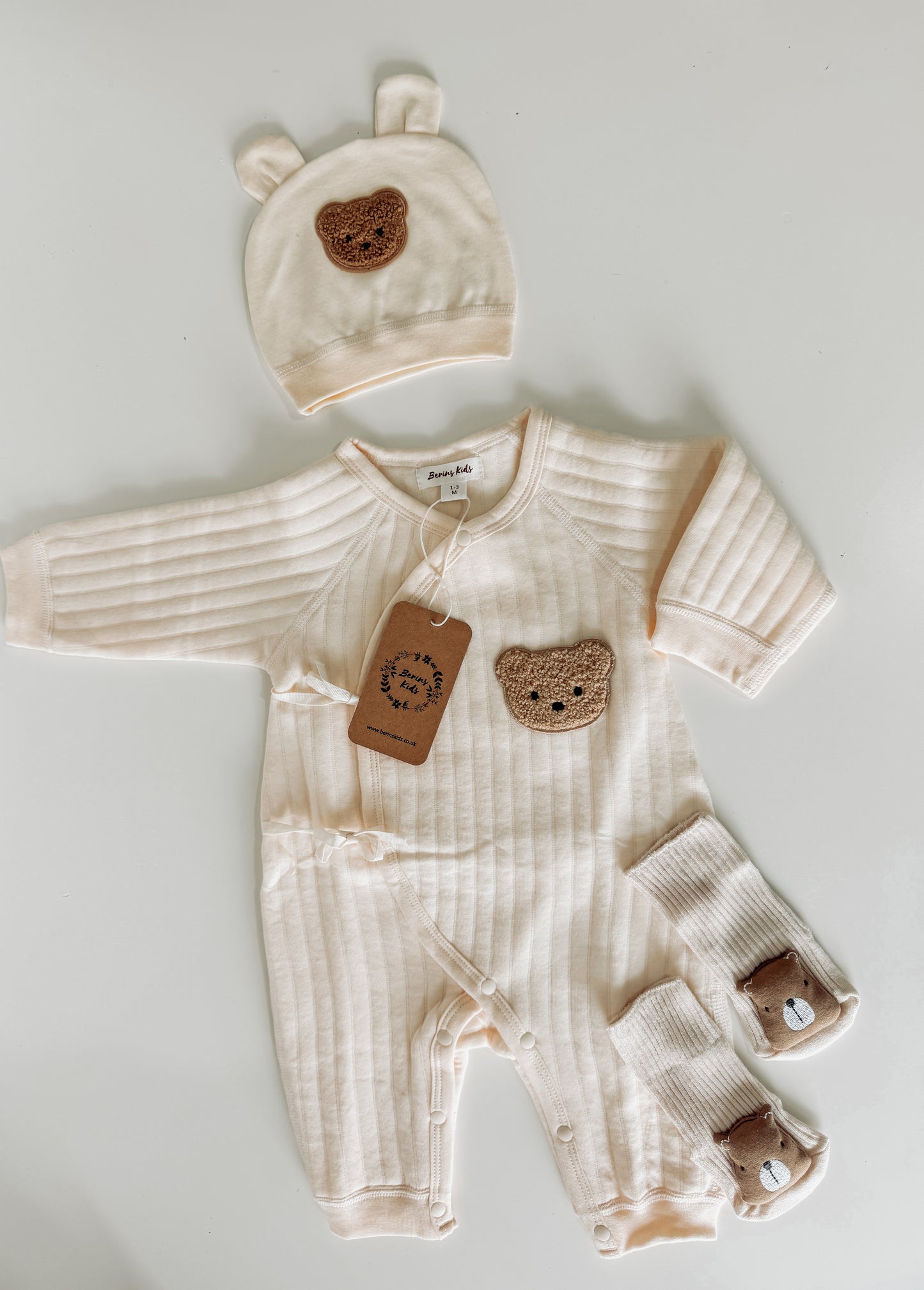 Newborn Bear Gift Set of 3|Cream Cotton Romper, Personalised Cream Bear Hat, Beige Bear Socks